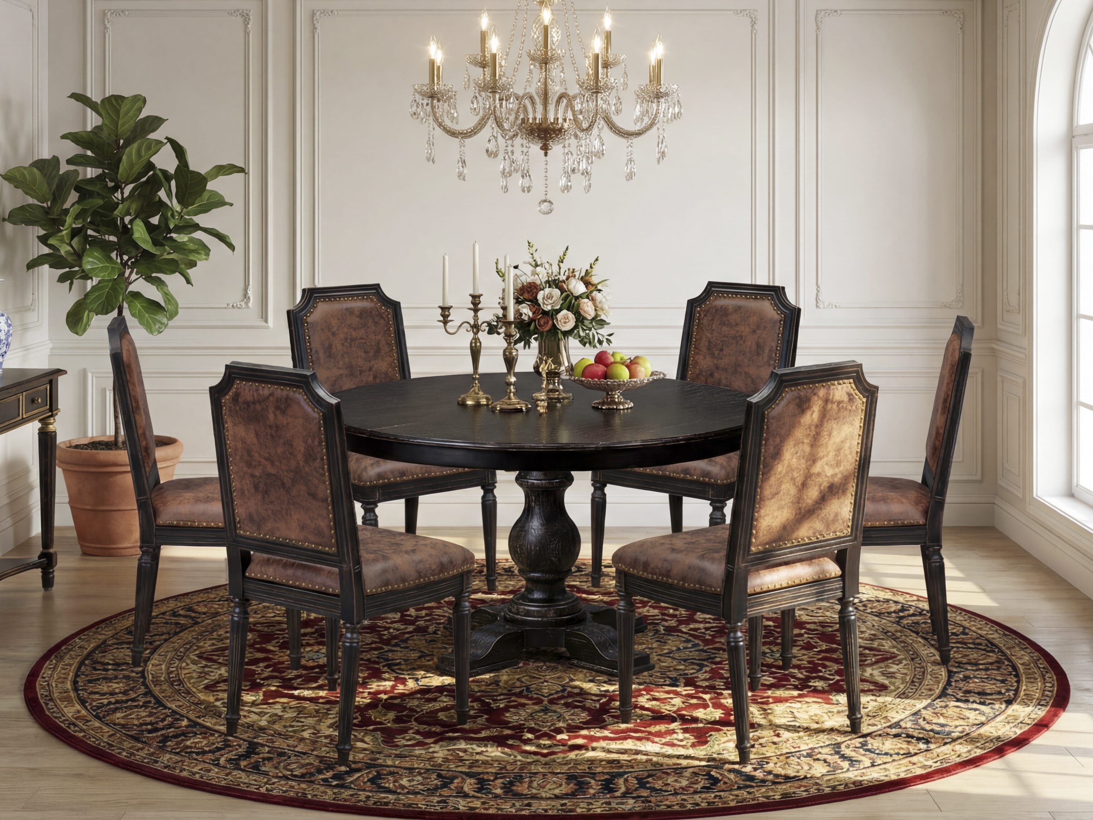 Luxe by East West Furniture - F5TY7-511-33 - 7-piece Dining Table Set consists of a Dining Table and 6 Brown Polyester Fabric Dining Room Chairs with High Back - Sand Blasting Black Finish