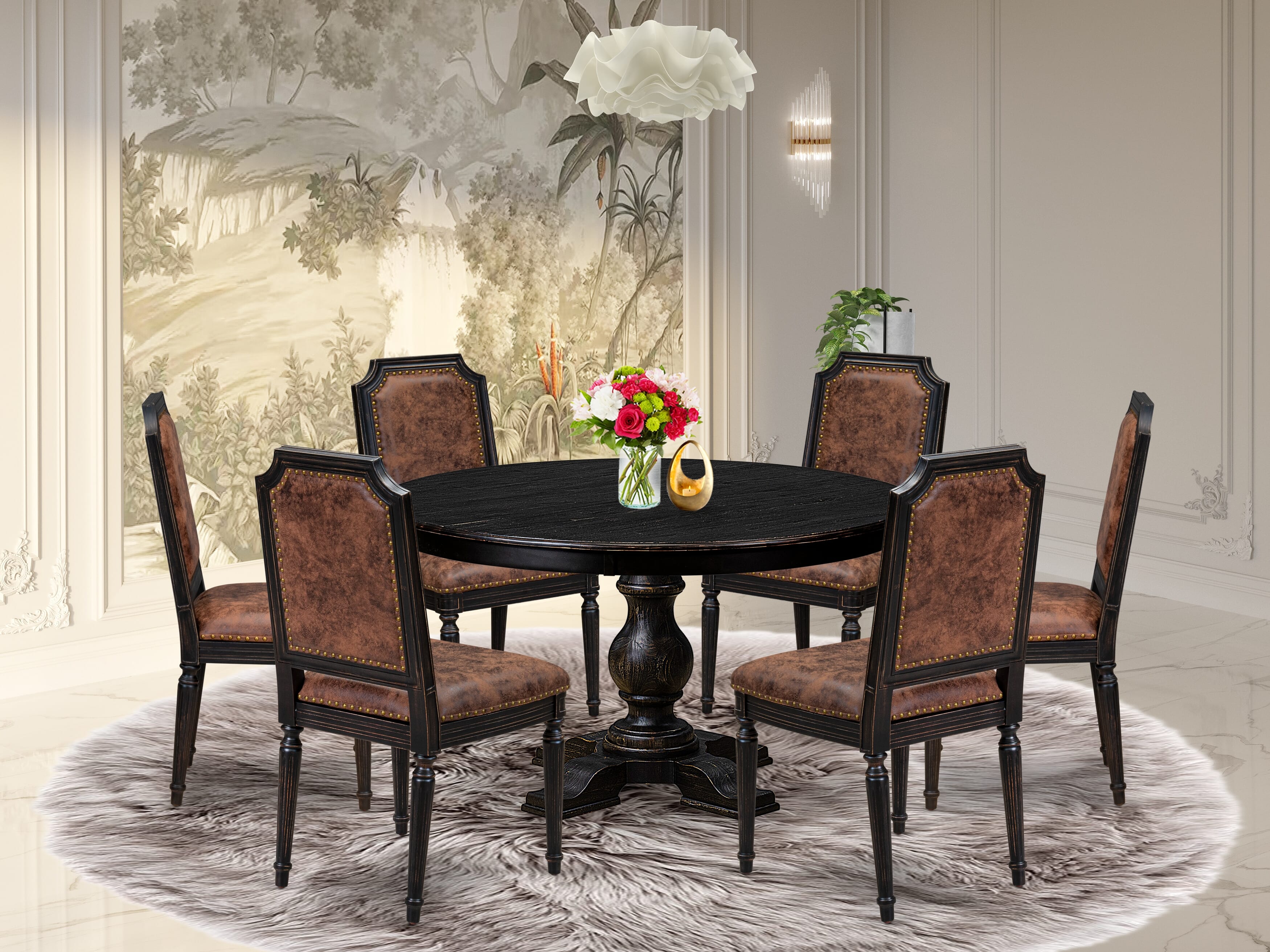 Luxe by East West Furniture - F5TY7-511-33 - 7-piece Dining Table Set consists of a Dining Table and 6 Brown Polyester Fabric Dining Room Chairs with High Back - Sand Blasting Black Finish