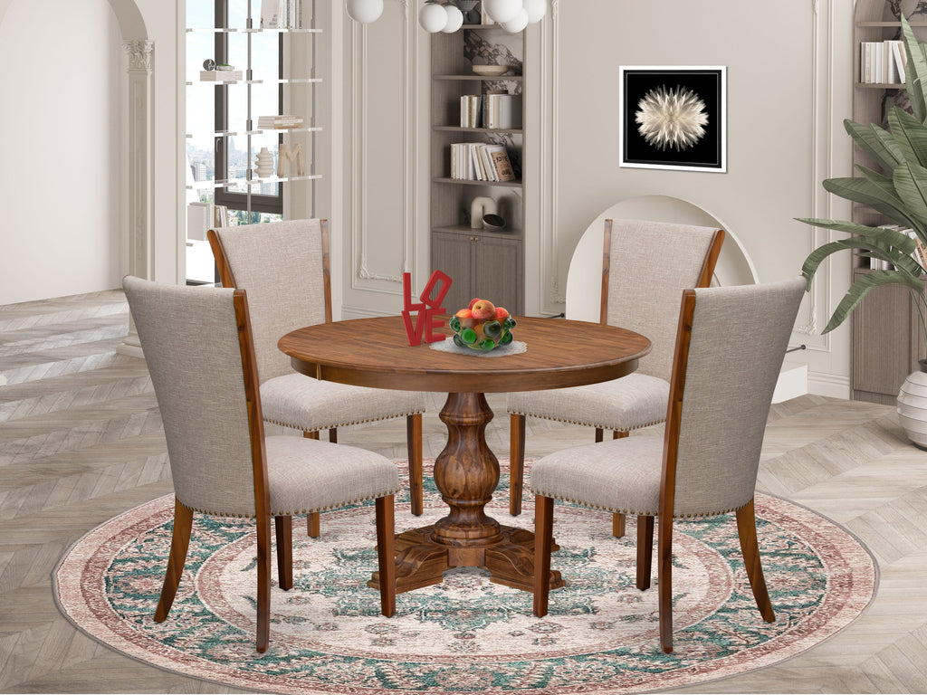 Luxe by East West Furniture F5VE5-40N-04 5 Piece Dining Table Set Includes a 48" Round Table with Pedestal and 4 Light Tan Linen Fabric Padded Chairs, Antique Walnut