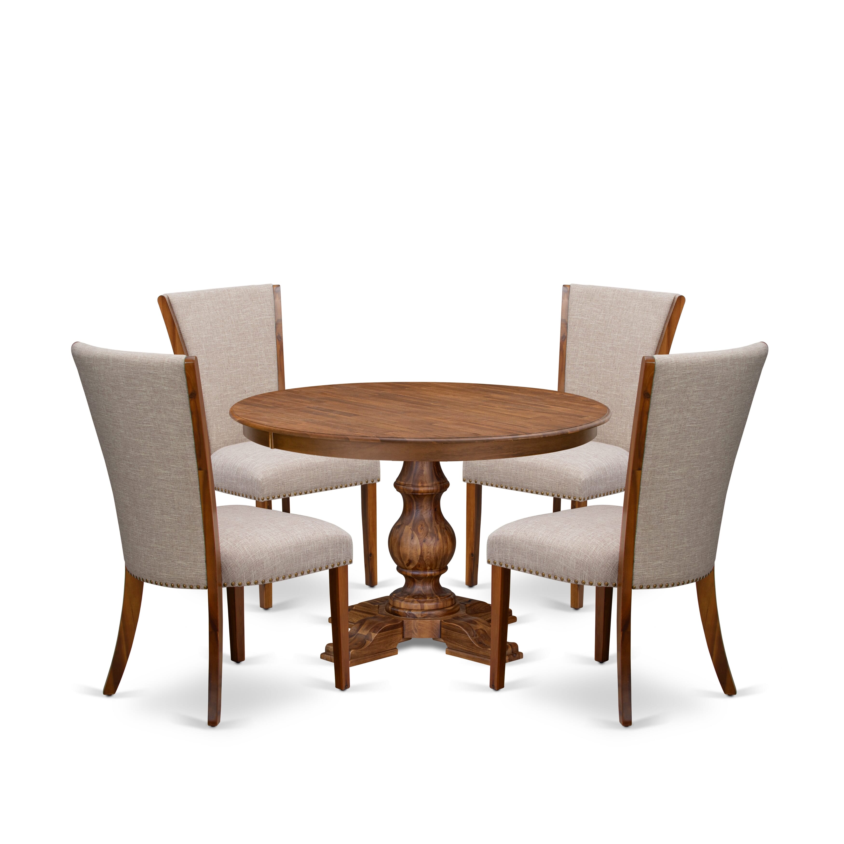 Luxe by East West Furniture F5VE5-40N-04 5 Piece Dining Table Set Includes a 48" Round Table with Pedestal and 4 Light Tan Linen Fabric Padded Chairs, Antique Walnut
