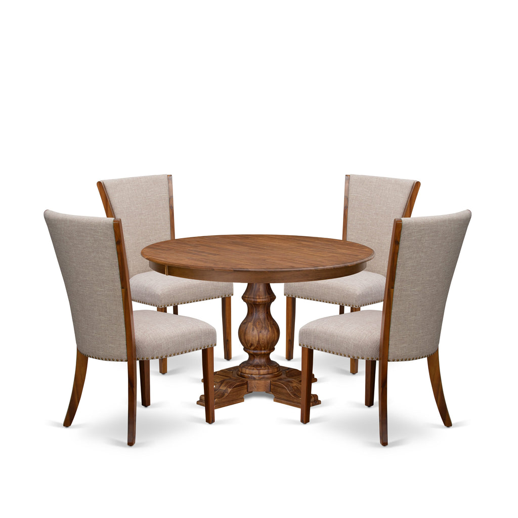 Luxe by East West Furniture F5VE5-40N-04 5 Piece Dining Table Set Includes a 48" Round Table with Pedestal and 4 Light Tan Linen Fabric Padded Chairs, Antique Walnut