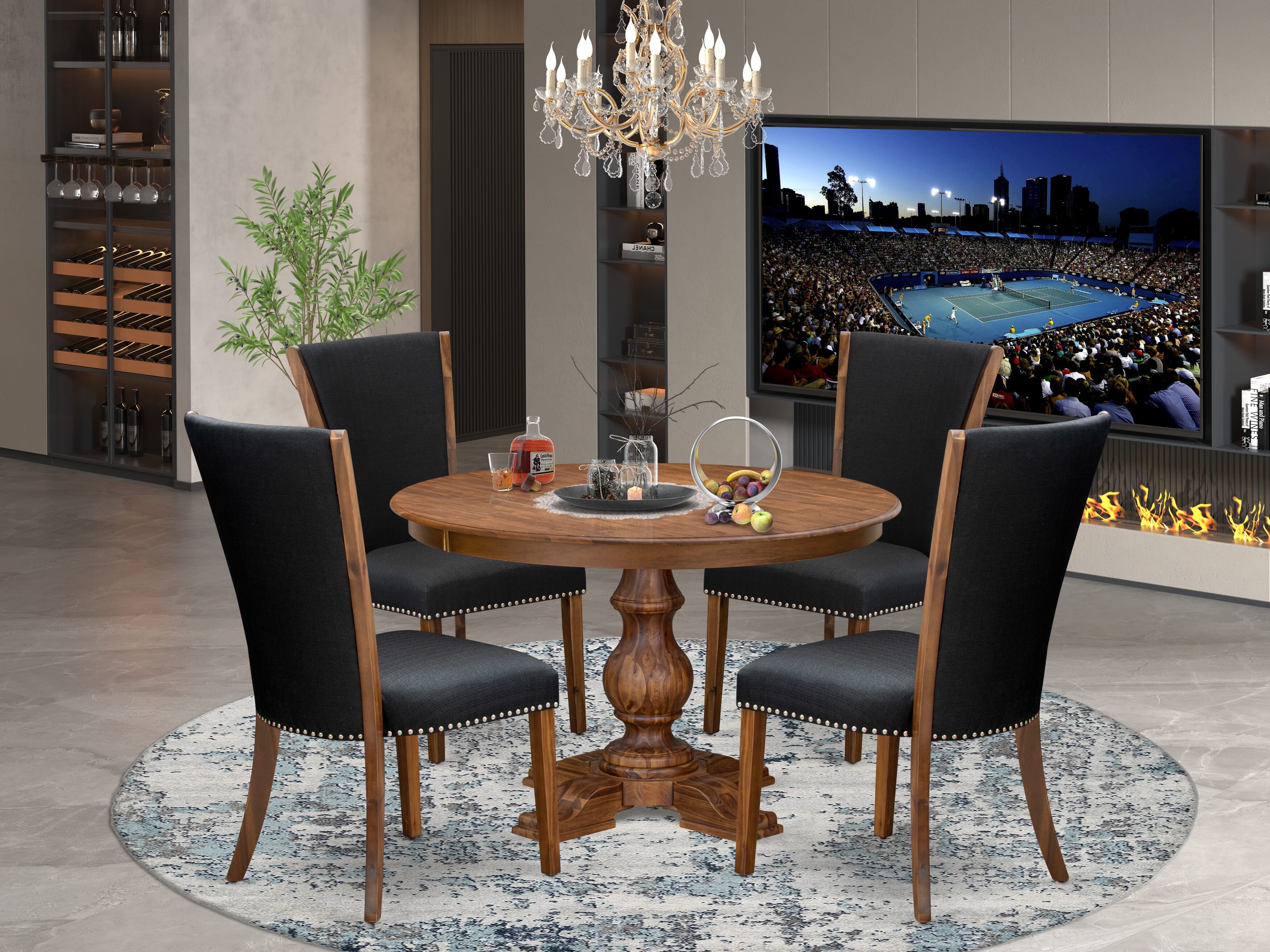 Luxe by East West Furniture F5VE5-40N-24 5 Piece Dining Table Set for 4 Contains a 48" Round Table with Pedestal and 4 Black Linen Fabric Parson Chairs, Antique Walnut