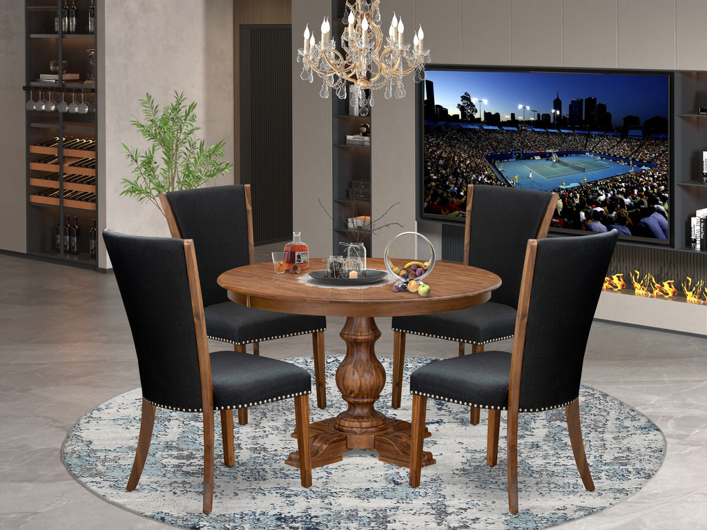 Luxe by East West Furniture F5VE5-40N-24 5 Piece Dining Table Set for 4 Contains a 48" Round Table with Pedestal and 4 Black Linen Fabric Parson Chairs, Antique Walnut