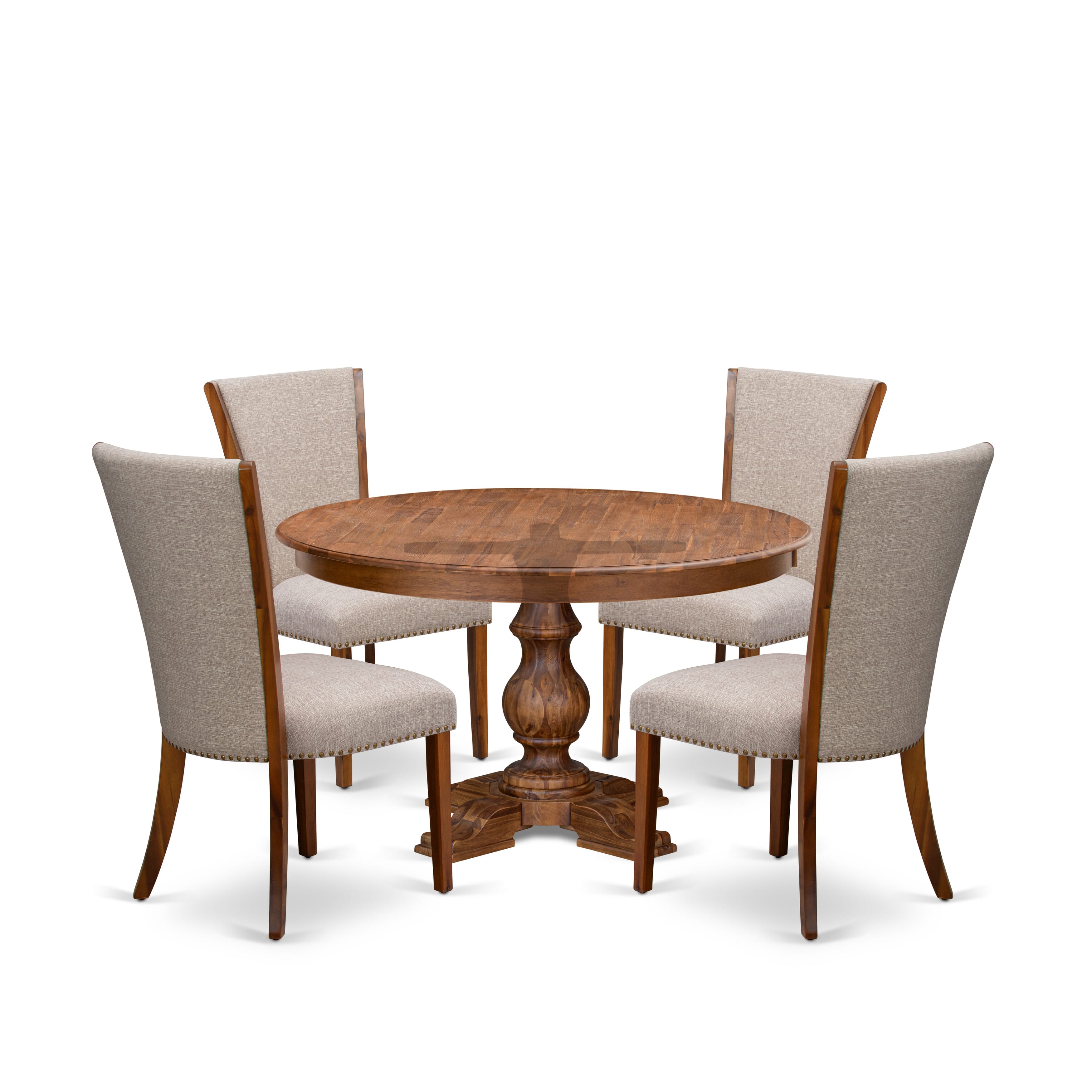 Luxe by East West Furniture F5VE5-50N-04 5 Piece Dining Table Set Includes a 54" Round Table with Pedestal and 4 Light Tan Linen Fabric Padded Chairs, Antique Walnut