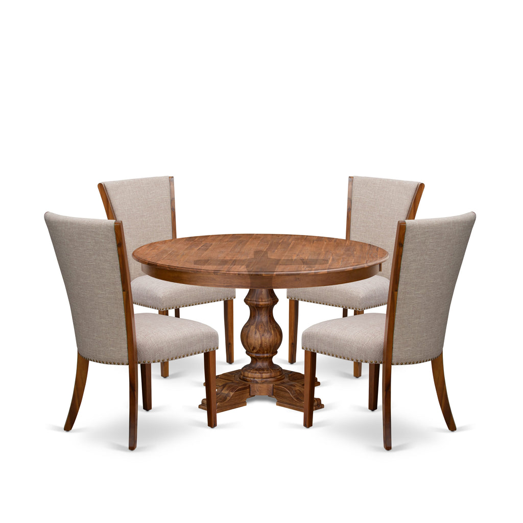 Luxe by East West Furniture F5VE5-50N-04 5 Piece Dining Table Set Includes a 54" Round Table with Pedestal and 4 Light Tan Linen Fabric Padded Chairs, Antique Walnut