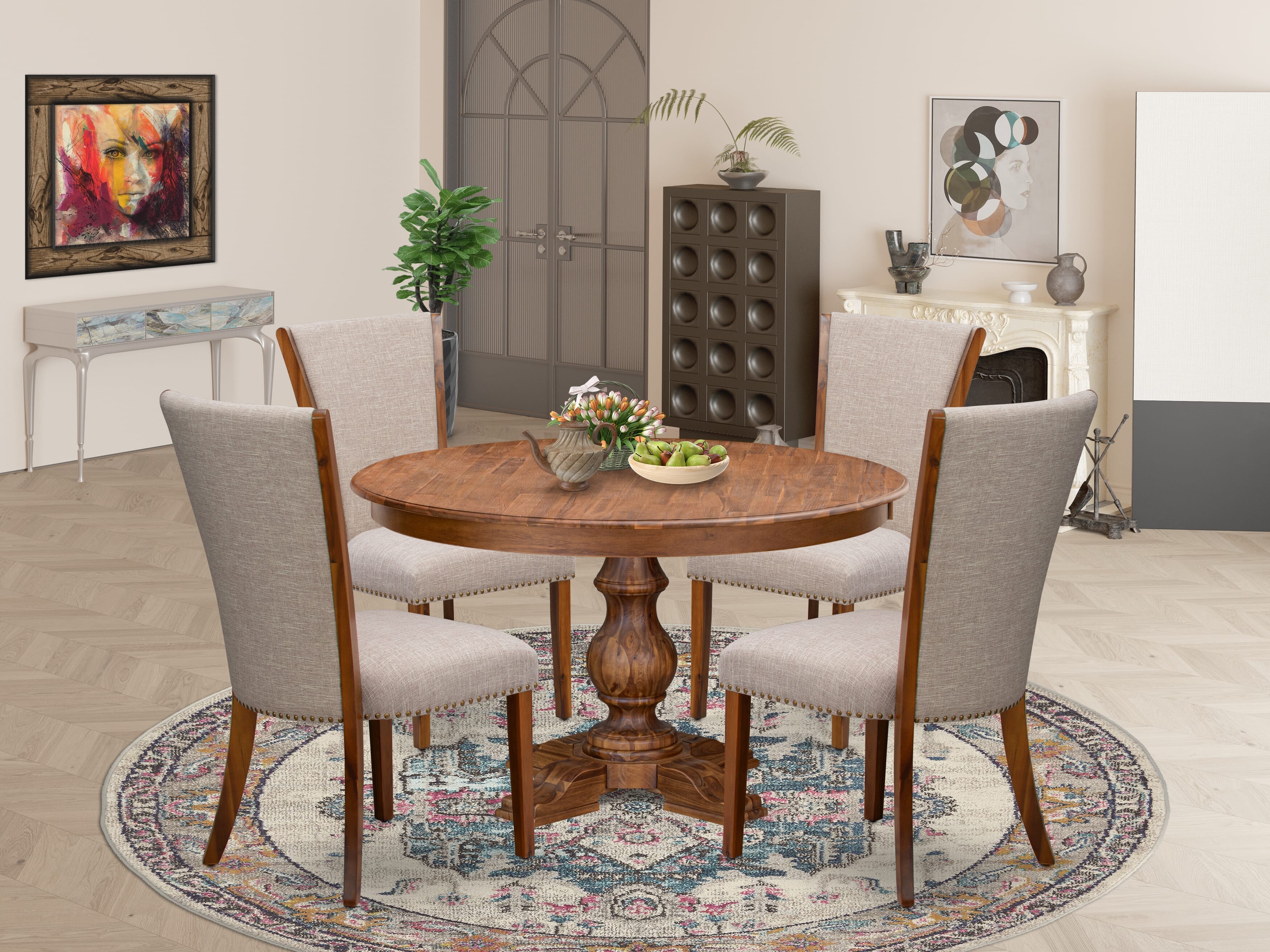 Luxe by East West Furniture F5VE5-50N-04 5 Piece Dining Table Set Includes a 54" Round Table with Pedestal and 4 Light Tan Linen Fabric Padded Chairs, Antique Walnut