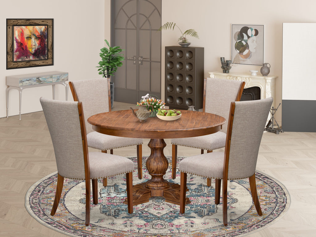 Luxe by East West Furniture F5VE5-50N-04 5 Piece Dining Table Set Includes a 54" Round Table with Pedestal and 4 Light Tan Linen Fabric Padded Chairs, Antique Walnut