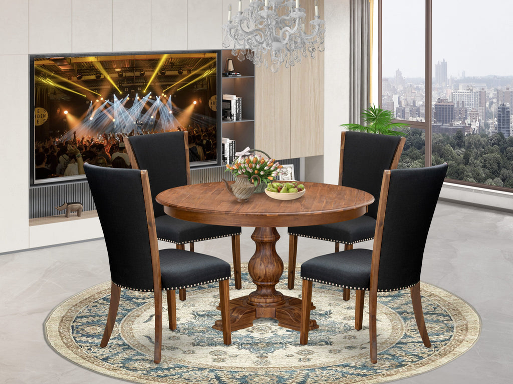 Luxe by East West Furniture F5VE5-50N-24 5 Piece Dining Table Set for 4 Contains a 54" Round Table with Pedestal and 4 Black Linen Fabric Parson Chairs, Antique Walnut