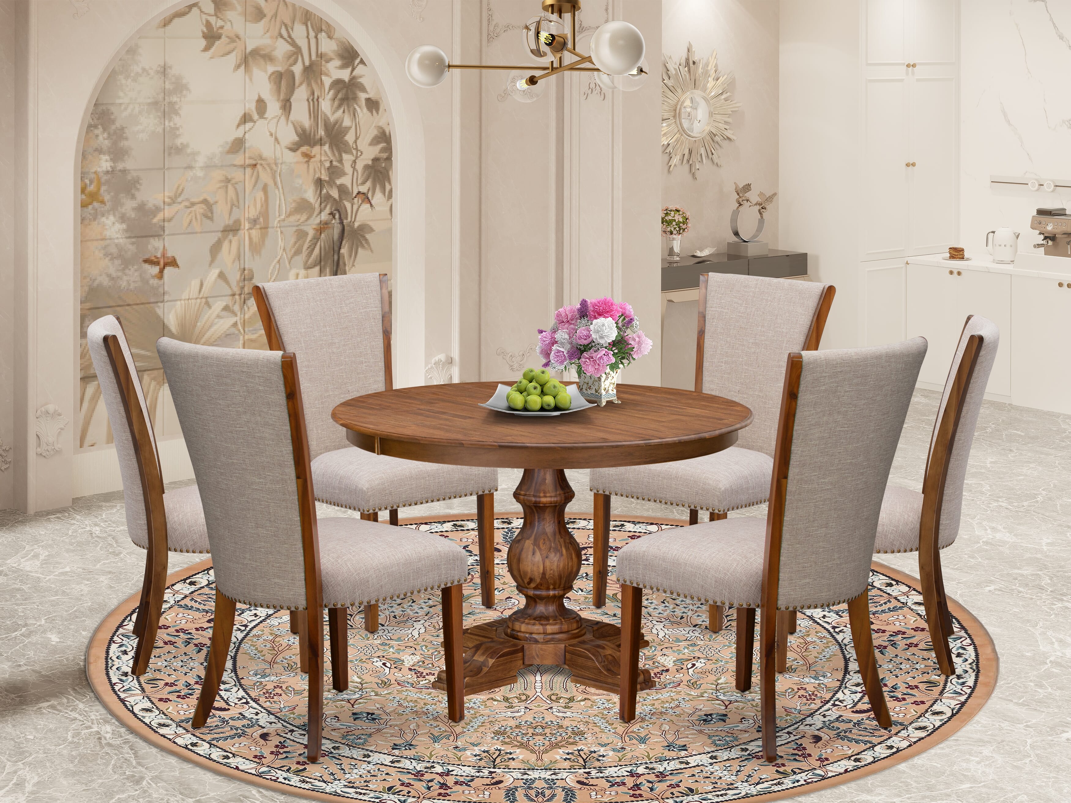 Luxe by East West Furniture F5VE7-40N-04 7 Piece Dining Set for 6 Includes a 48" Round Table with Pedestal and 6 Light Tan Linen Fabric Parson Chairs, Antique Walnut