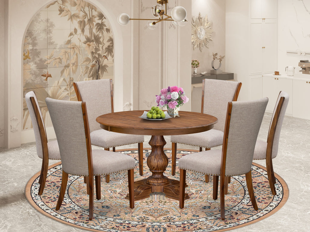Luxe by East West Furniture F5VE7-40N-04 7 Piece Dining Set for 6 Includes a 48" Round Table with Pedestal and 6 Light Tan Linen Fabric Parson Chairs, Antique Walnut