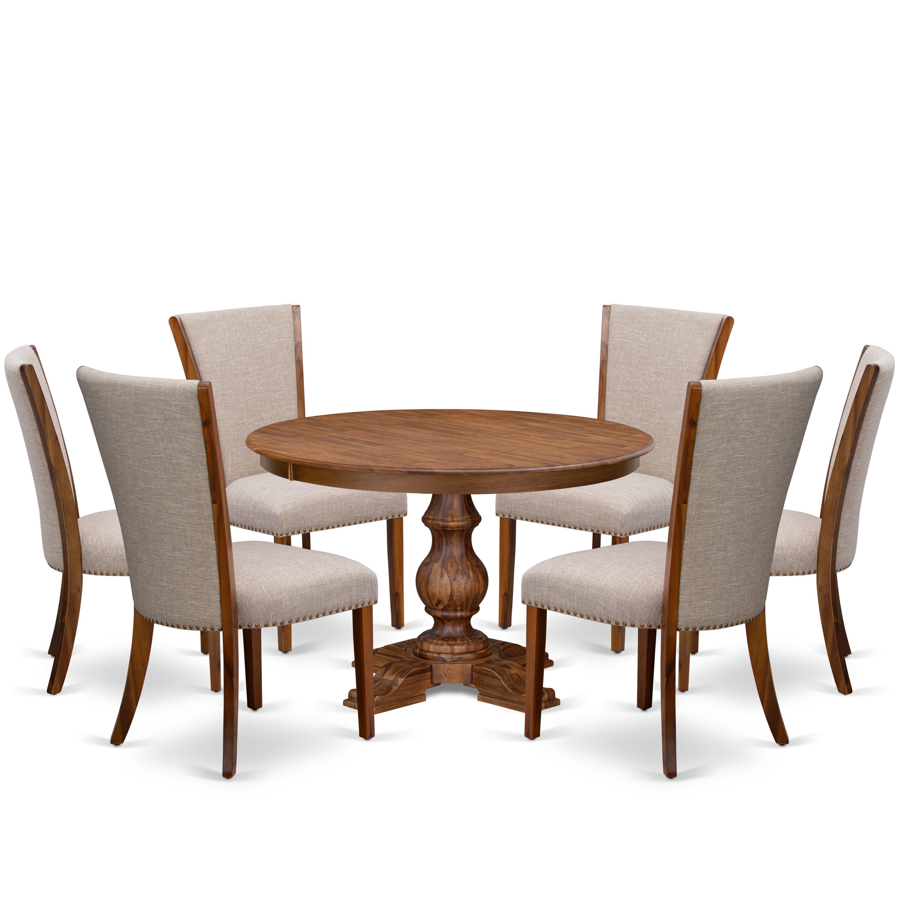 Luxe by East West Furniture F5VE7-40N-04 7 Piece Dining Set for 6 Includes a 48" Round Table with Pedestal and 6 Light Tan Linen Fabric Parson Chairs, Antique Walnut