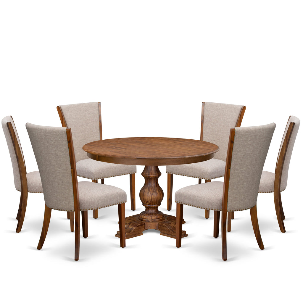 Luxe by East West Furniture F5VE7-40N-04 7 Piece Dining Set for 6 Includes a 48" Round Table with Pedestal and 6 Light Tan Linen Fabric Parson Chairs, Antique Walnut