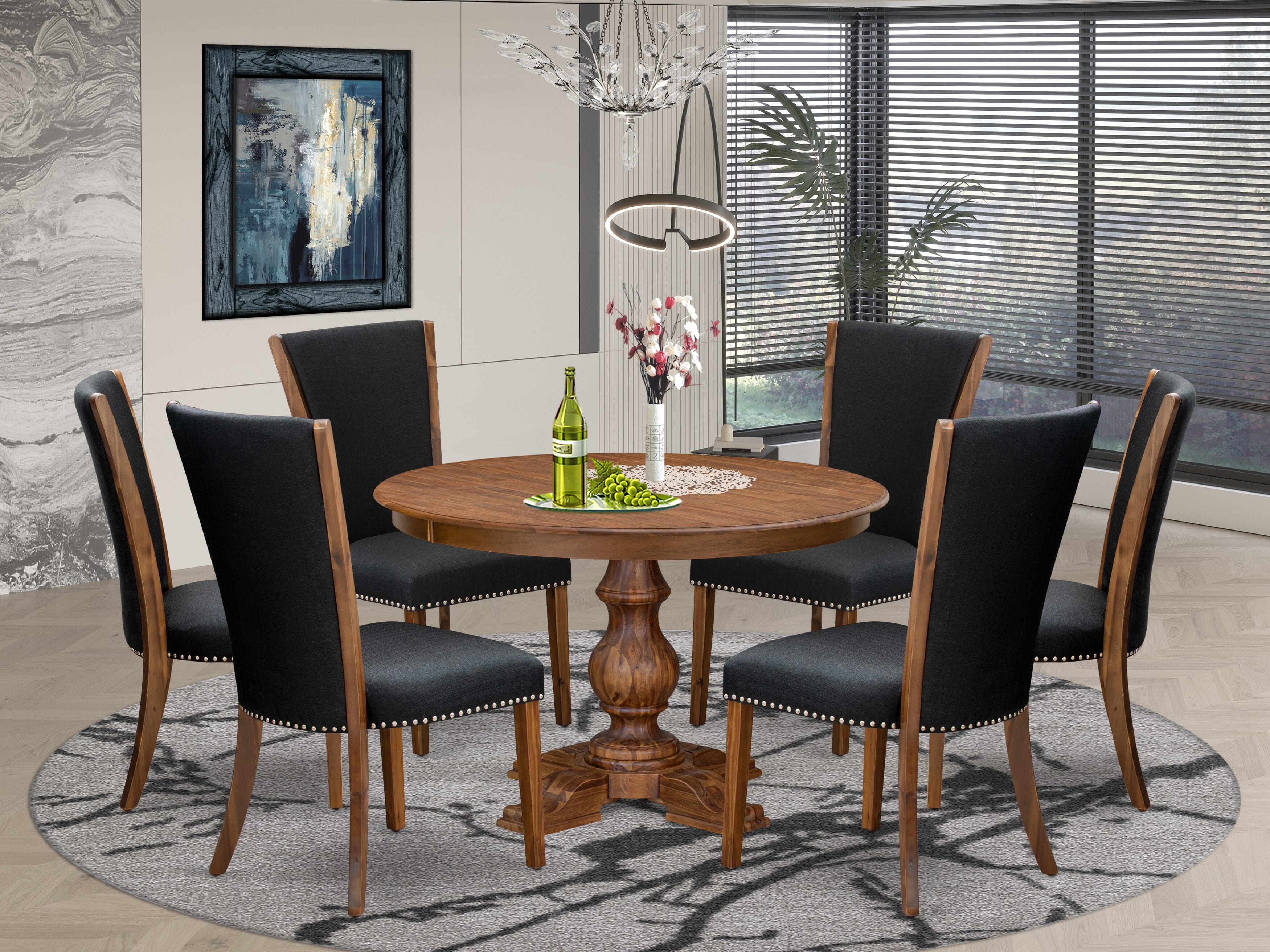 Luxe by East West Furniture F5VE7-40N-24 7 Piece Dining Set Includes a 48" Round Kitchen Table with Pedestal and 6 Black Linen Fabric Upholstered Chairs, Antique Walnut