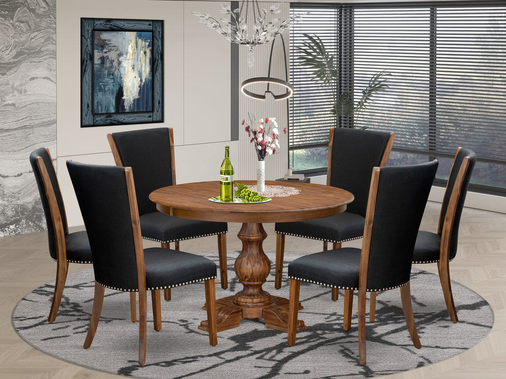 Luxe by East West Furniture F5VE7-40N-24 7 Piece Dining Set Includes a 48" Round Kitchen Table with Pedestal and 6 Black Linen Fabric Upholstered Chairs, Antique Walnut