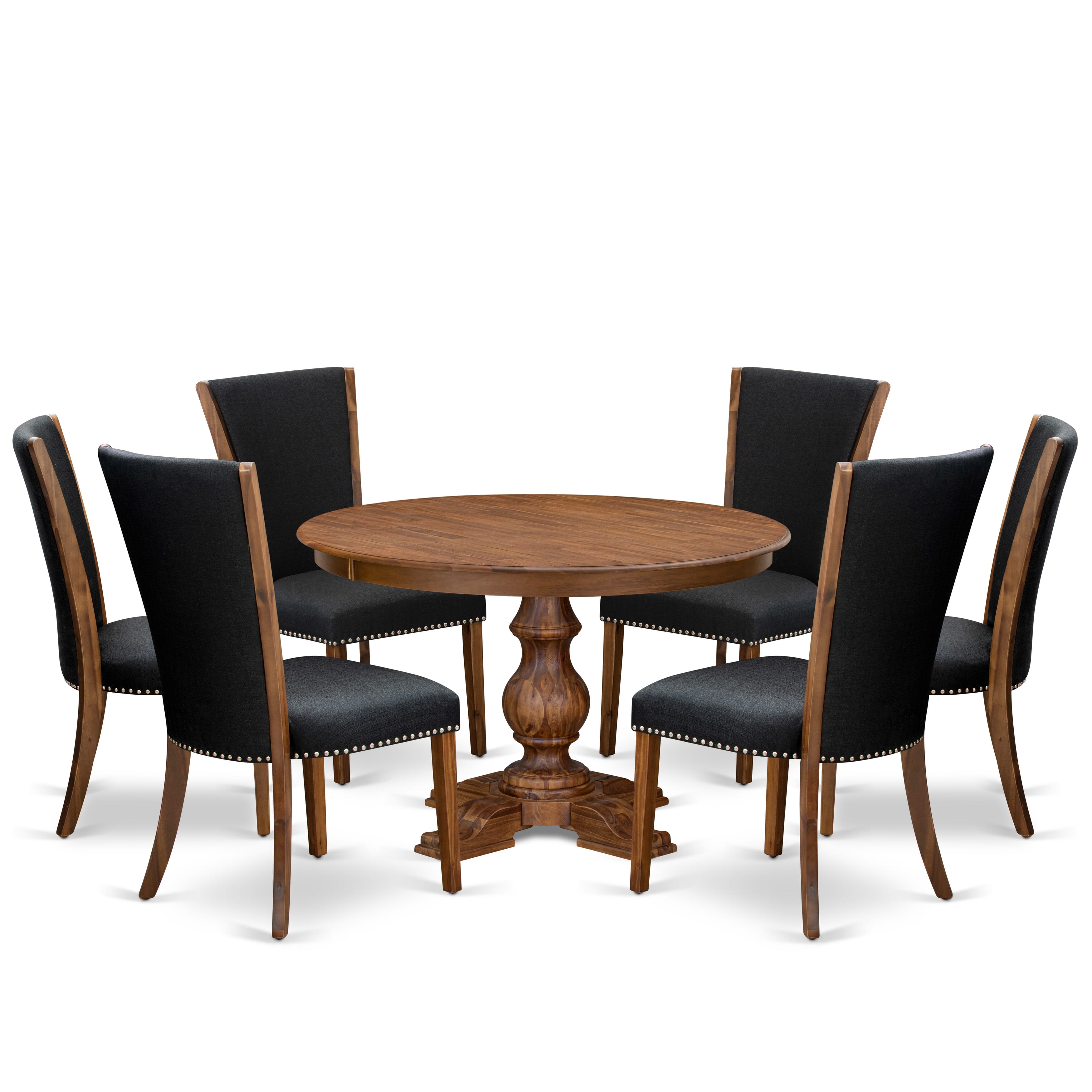 Luxe by East West Furniture F5VE7-40N-24 7 Piece Dining Set Includes a 48" Round Kitchen Table with Pedestal and 6 Black Linen Fabric Upholstered Chairs, Antique Walnut