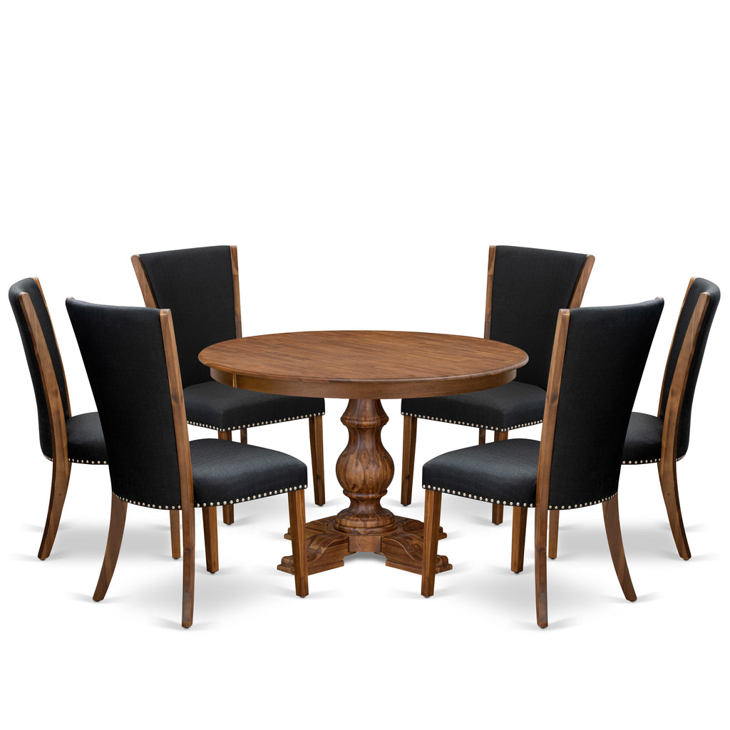 Luxe by East West Furniture F5VE7-40N-24 7 Piece Dining Set Includes a 48" Round Kitchen Table with Pedestal and 6 Black Linen Fabric Upholstered Chairs, Antique Walnut