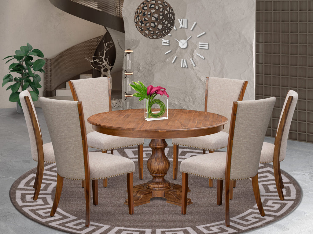 Luxe by East West Furniture F5VE7-50N-04 7 Piece Dinette Set Consists of a 54" Round Dining Table with Pedestal and 6 Light Tan Linen Fabric Parson Chairs, Antique Walnut