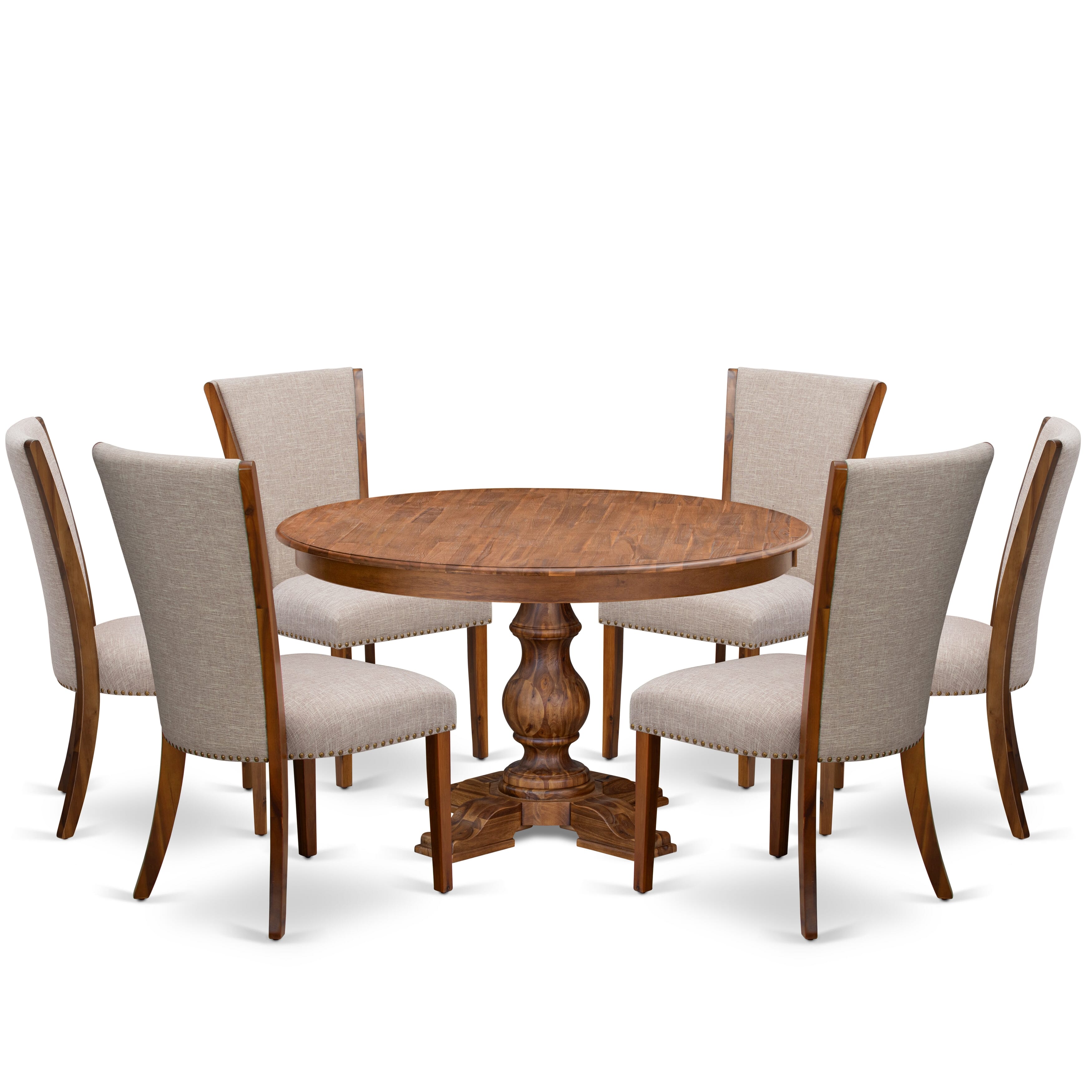 Luxe by East West Furniture F5VE7-50N-04 7 Piece Dinette Set Consists of a 54" Round Dining Table with Pedestal and 6 Light Tan Linen Fabric Parson Chairs, Antique Walnut