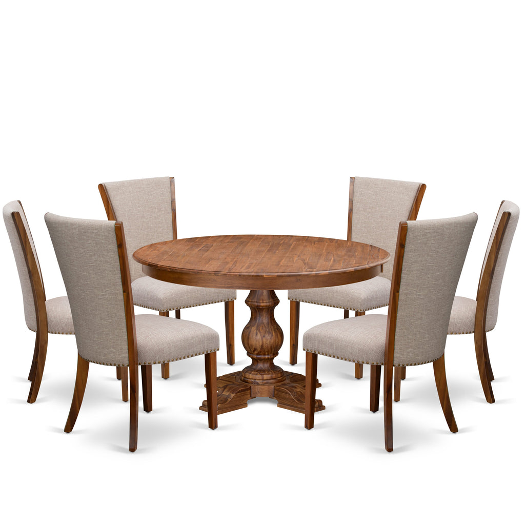 Luxe by East West Furniture F5VE7-50N-04 7 Piece Dinette Set Consists of a 54" Round Dining Table with Pedestal and 6 Light Tan Linen Fabric Parson Chairs, Antique Walnut