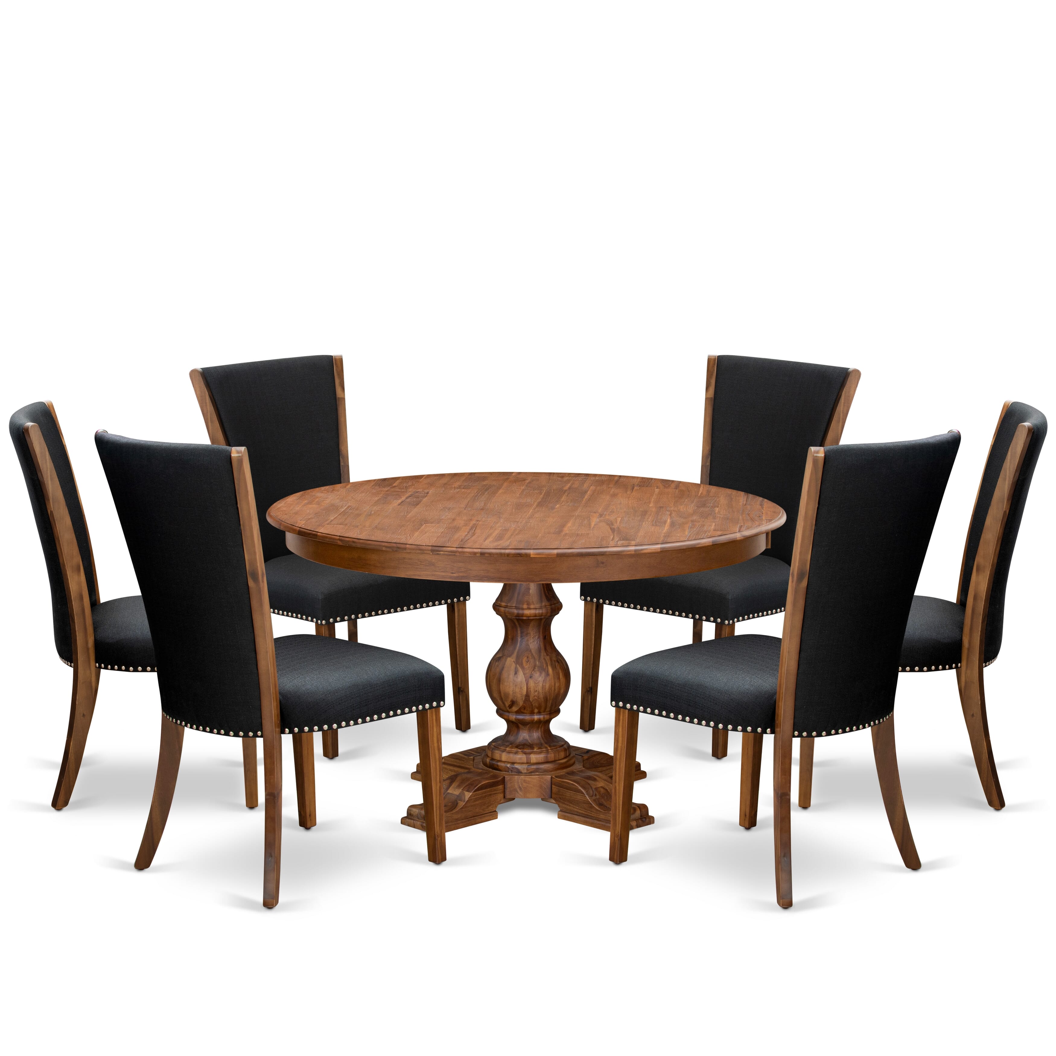 Luxe by East West Furniture F5VE7-50N-24 7 Piece Kitchen Table Set Includes a 54" Round Table with Pedestal and 6 Black Linen Fabric Upholstered Chairs, Antique Walnut