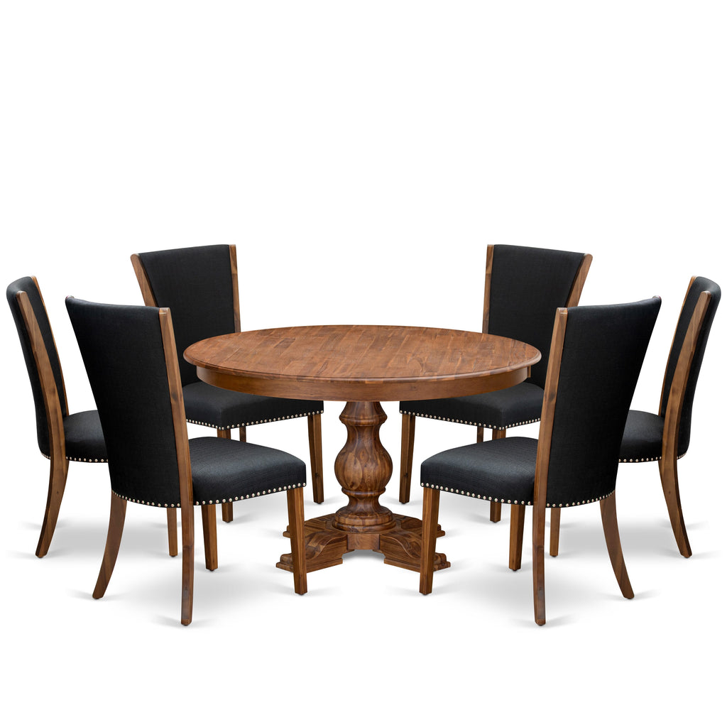 Luxe by East West Furniture F5VE7-50N-24 7 Piece Kitchen Table Set Includes a 54" Round Table with Pedestal and 6 Black Linen Fabric Upholstered Chairs, Antique Walnut