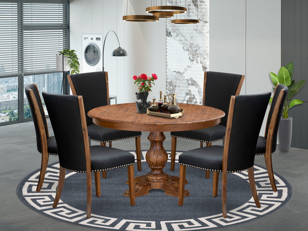 Luxe by East West Furniture F5VE7-50N-24 7 Piece Kitchen Table Set Includes a 54" Round Table with Pedestal and 6 Black Linen Fabric Upholstered Chairs, Antique Walnut