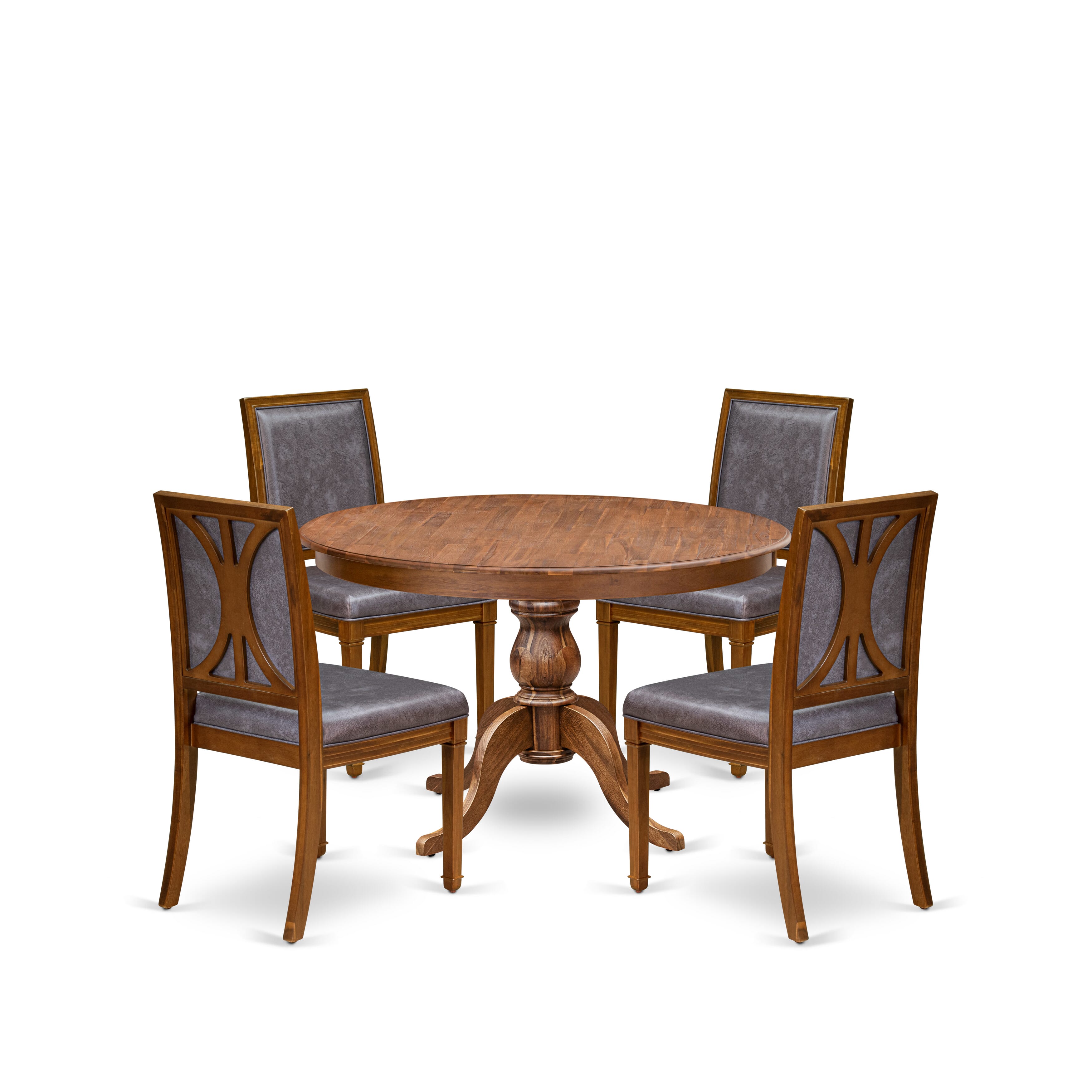 Luxe by East West Furniture F6AM5-40N-34 5-Piece Modern Dining Set includes a round table top with a stylish pedestal and 4 Pu leather Dark Gray dining chairs with high backs - Antique Walnut