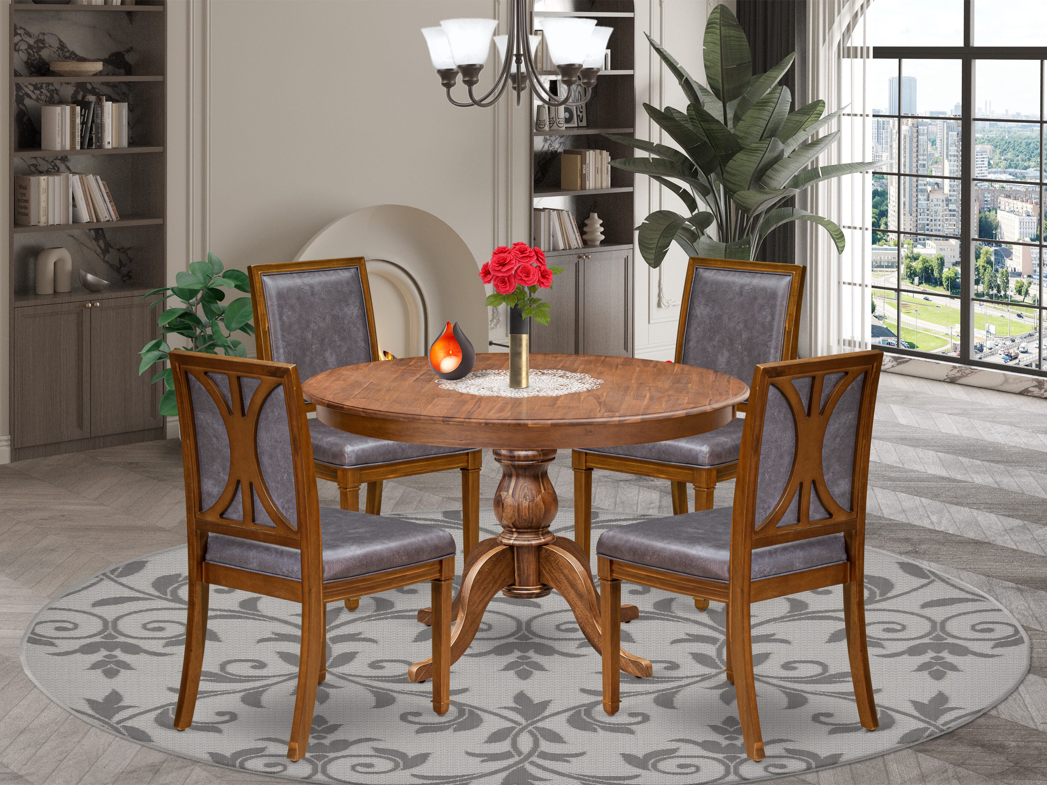 Luxe by East West Furniture F6AM5-40N-34 5-Piece Modern Dining Set includes a round table top with a stylish pedestal and 4 Pu leather Dark Gray dining chairs with high backs - Antique Walnut