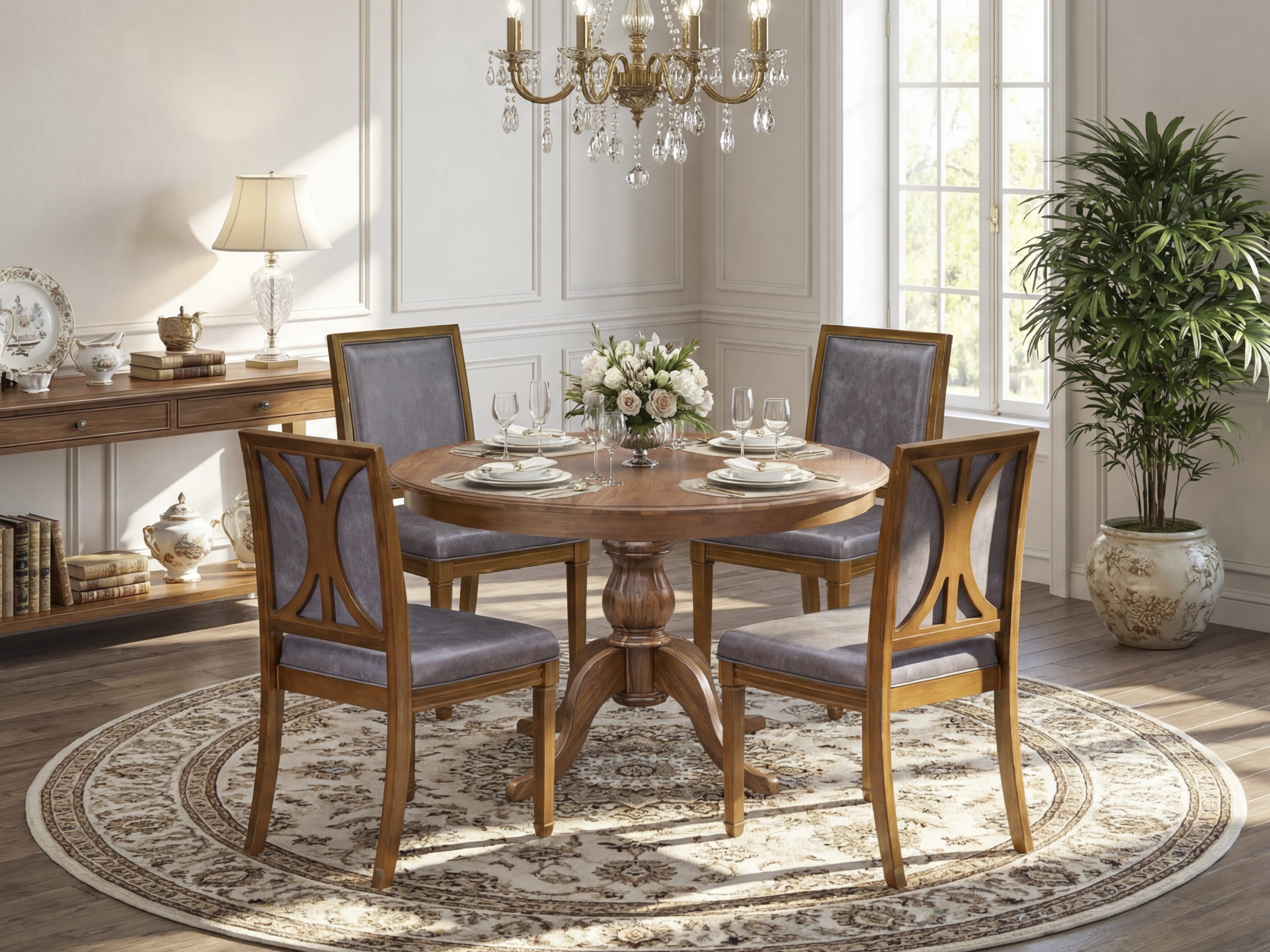 Luxe by East West Furniture F6AM5-40N-34 5-Piece Modern Dining Set includes a round table top with a stylish pedestal and 4 Pu leather Dark Gray dining chairs with high backs - Antique Walnut