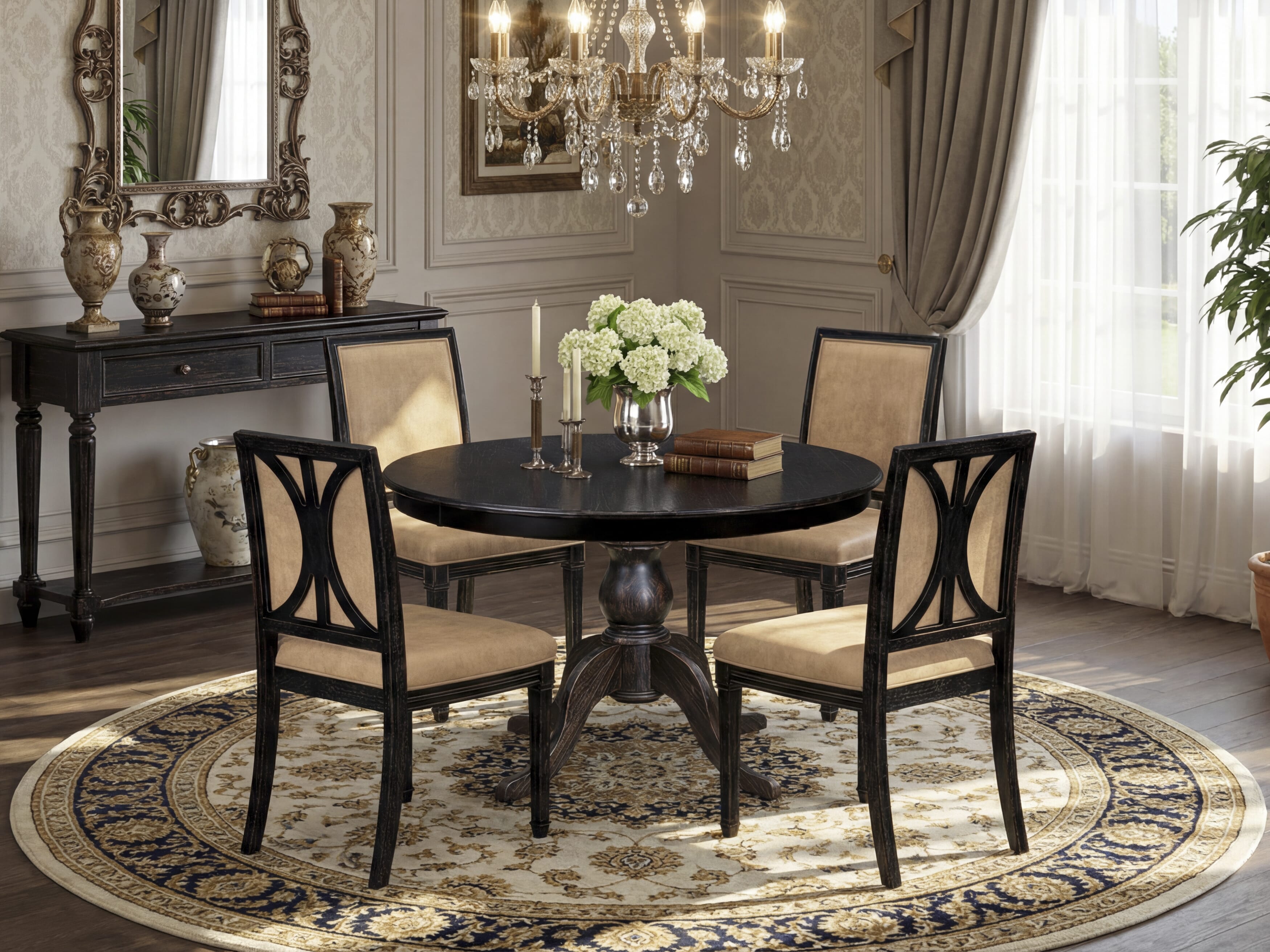 Luxe by East West Furniture - F6AM5-411-28 - 5-piece Kitchen Table Set consists of a Dining Table and 4 Beige Polyester Fabric Kitchen Chairs with High Back - Sand Blasting Black Finish