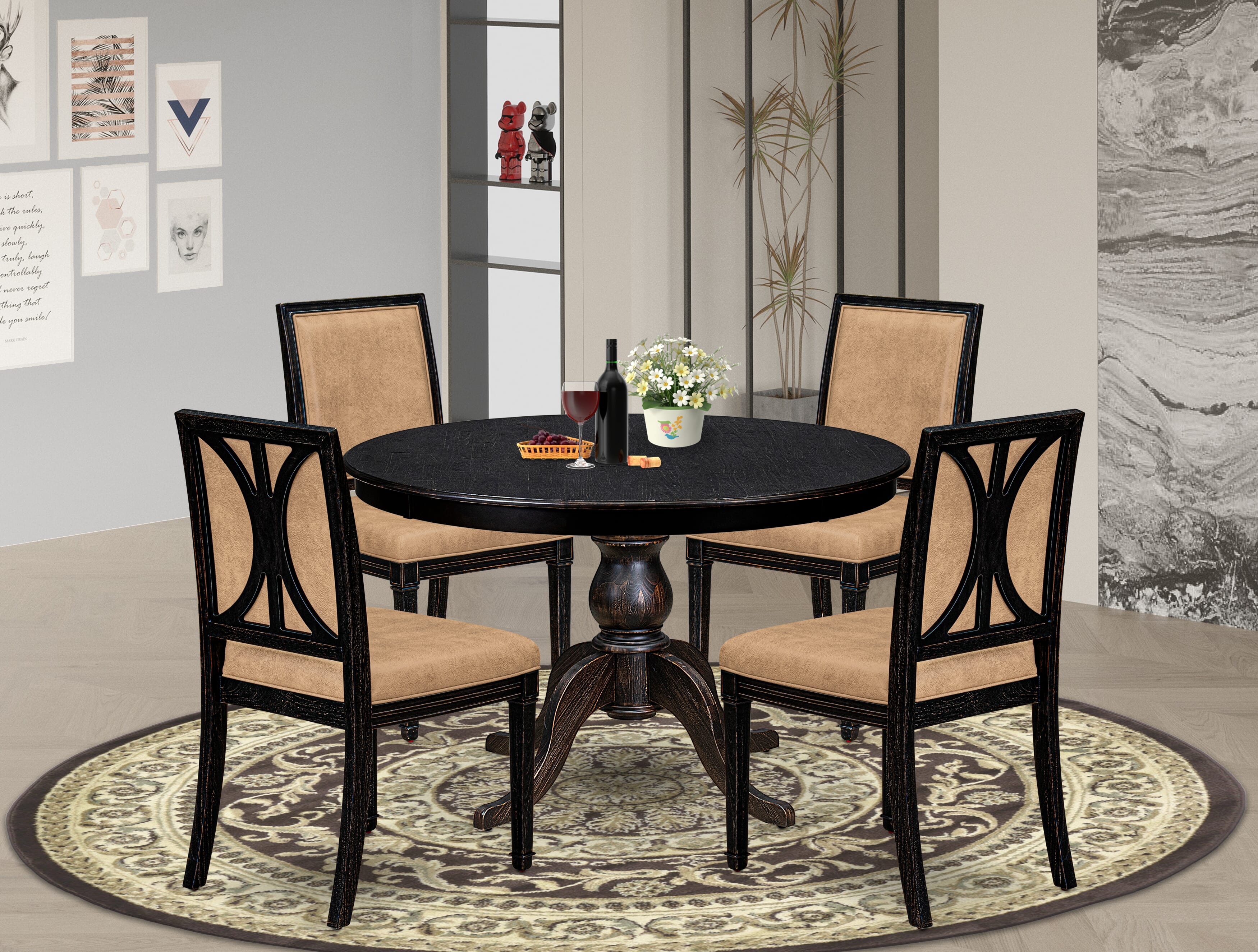 Luxe by East West Furniture - F6AM5-411-28 - 5-piece Kitchen Table Set consists of a Dining Table and 4 Beige Polyester Fabric Kitchen Chairs with High Back - Sand Blasting Black Finish