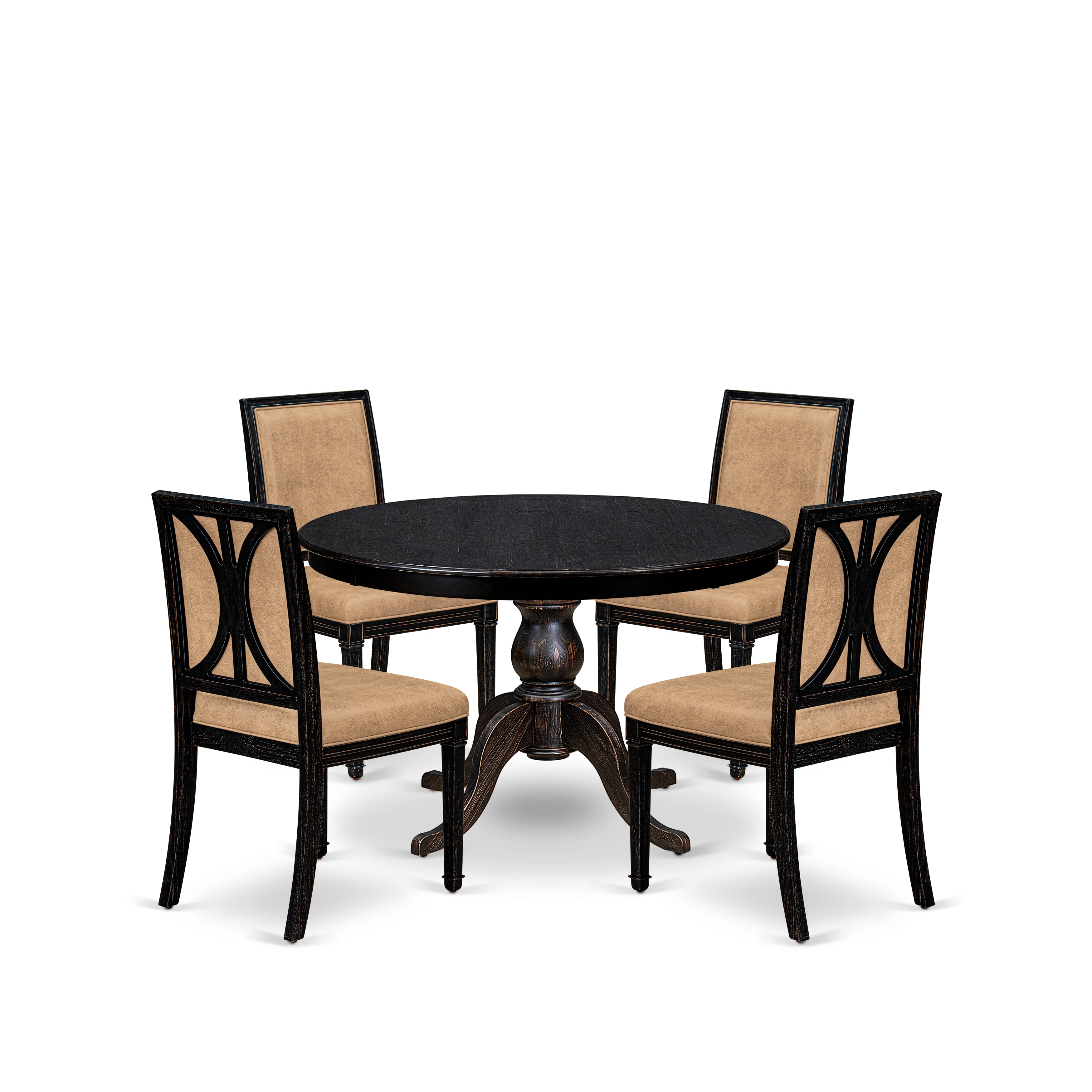 Luxe by East West Furniture - F6AM5-411-28 - 5-piece Kitchen Table Set consists of a Dining Table and 4 Beige Polyester Fabric Kitchen Chairs with High Back - Sand Blasting Black Finish
