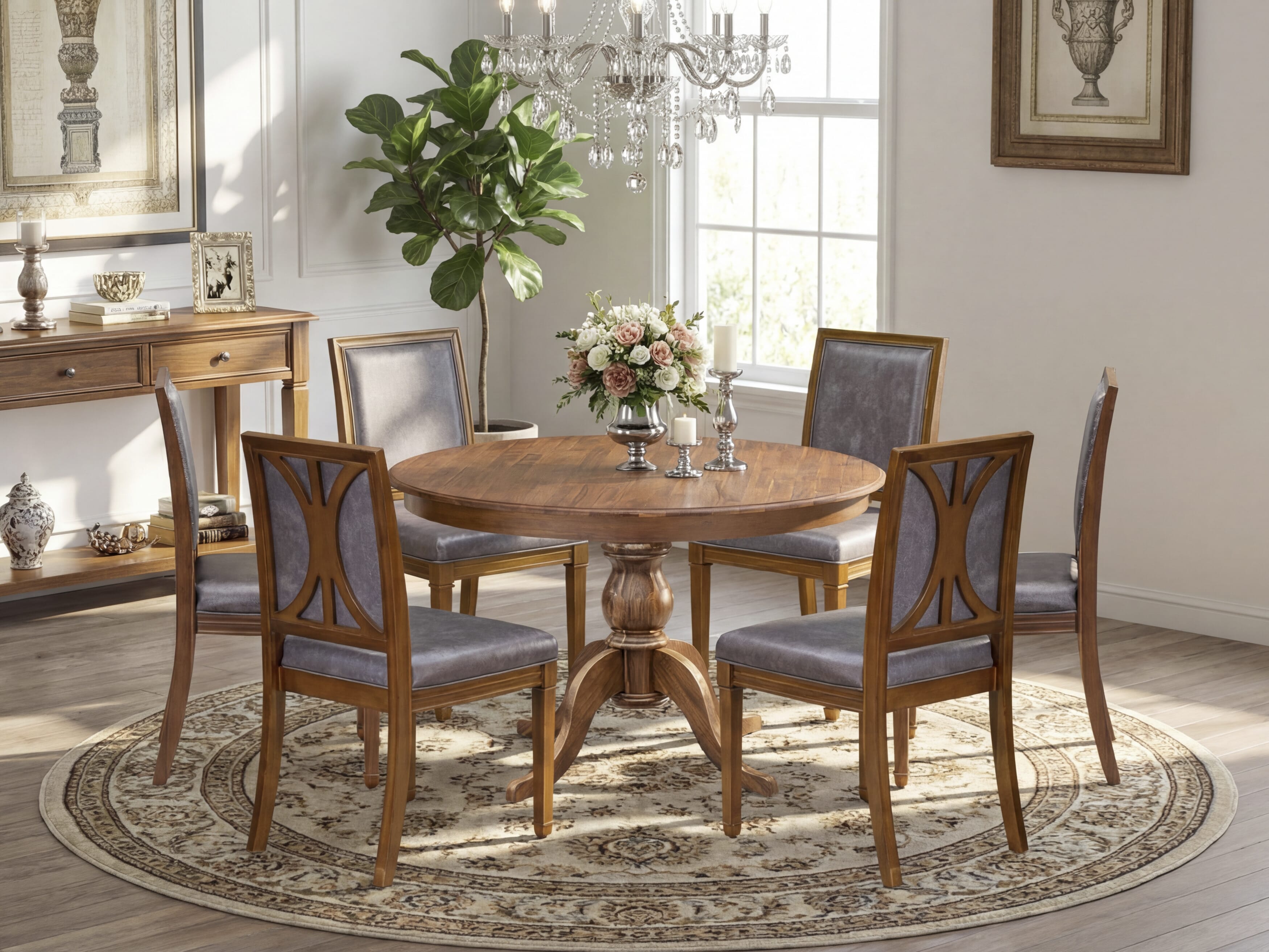 Luxe by East West Furniture - F6AM7-40N-34 7-Piece Mid-century modern dining set includes a Round Wooden table and 6 Dark Grey Faux Leather Chairs with High Back, Antique Walnut Finish.