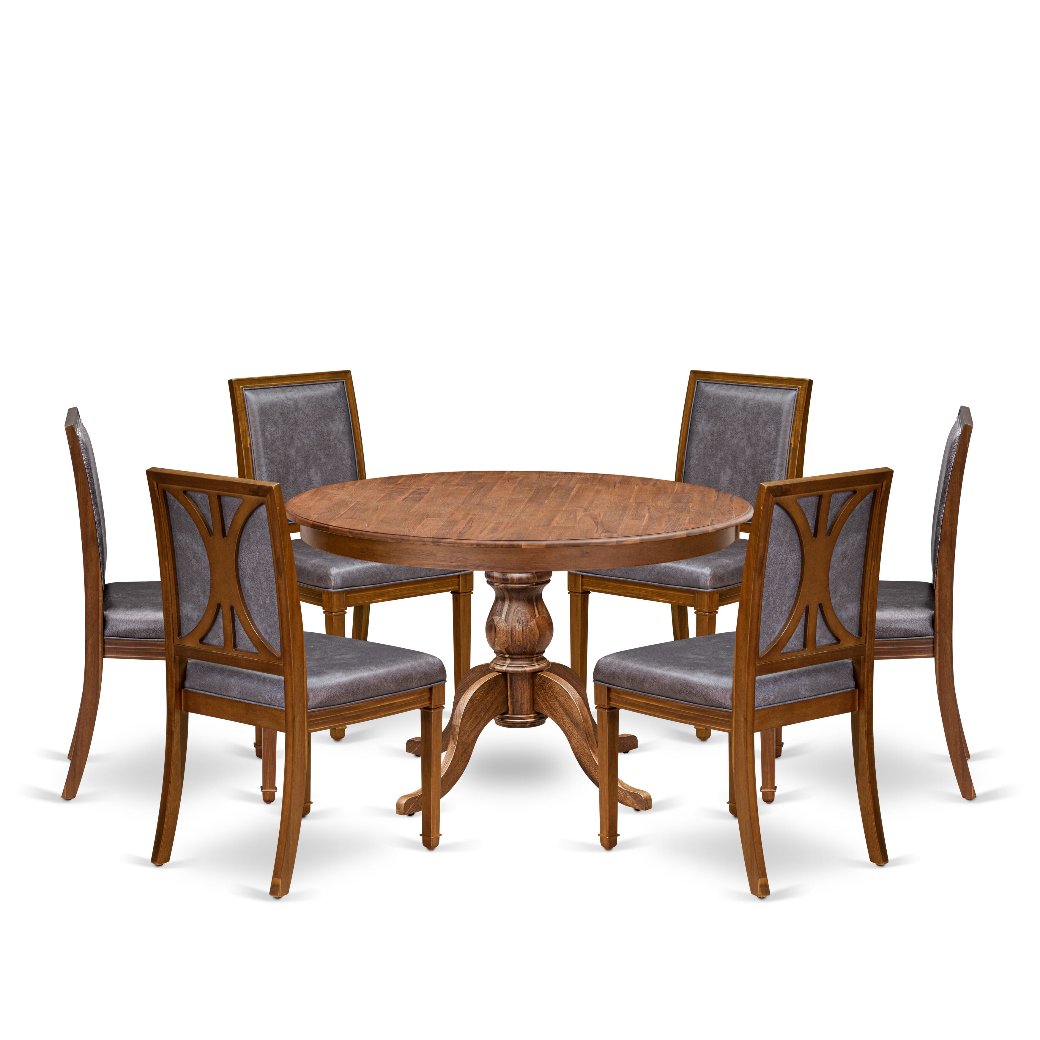 Luxe by East West Furniture - F6AM7-40N-34 7-Piece Mid-century modern dining set includes a Round Wooden table and 6 Dark Grey Faux Leather Chairs with High Back, Antique Walnut Finish.