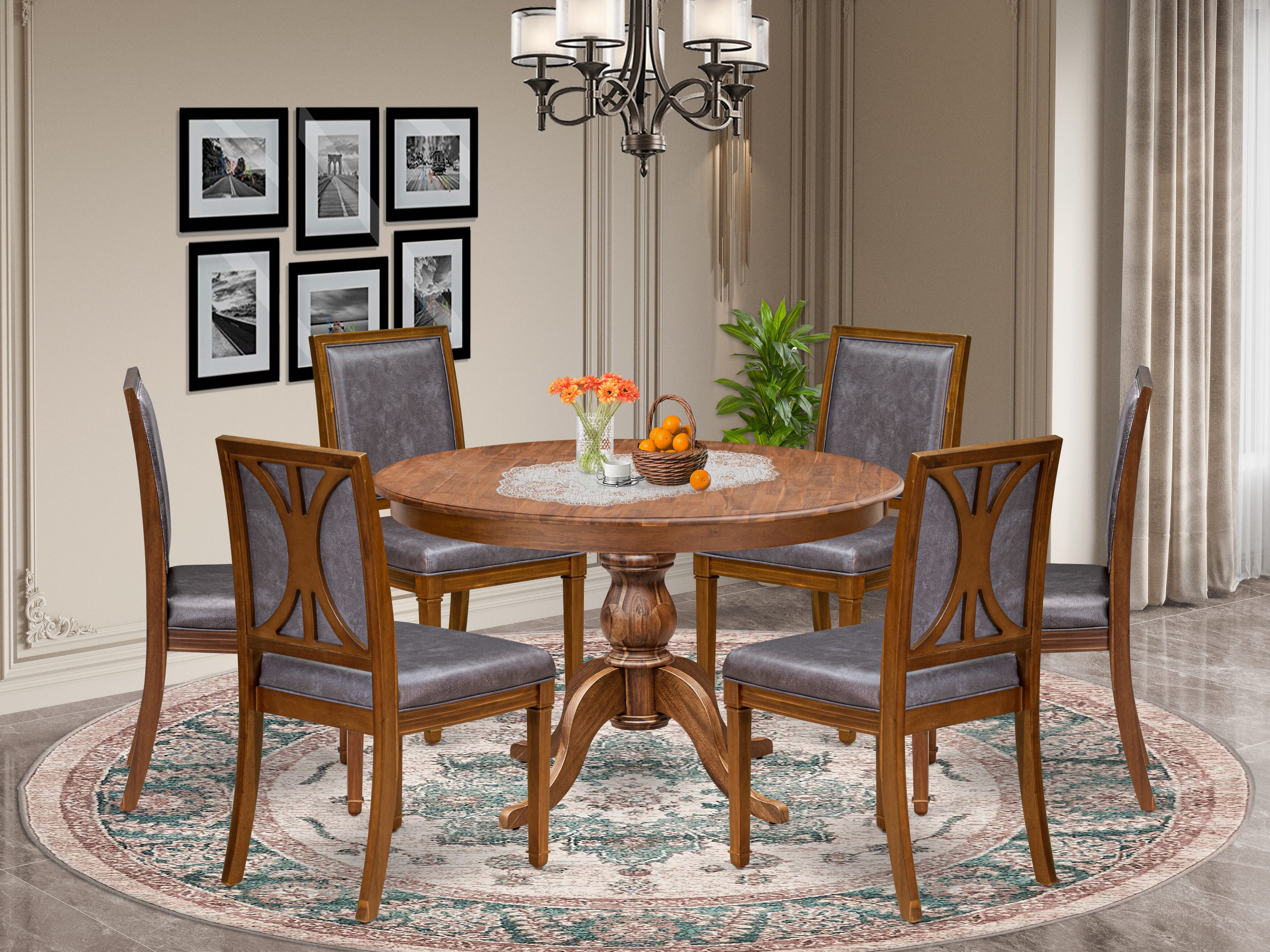Luxe by East West Furniture - F6AM7-40N-34 7-Piece Mid-century modern dining set includes a Round Wooden table and 6 Dark Grey Faux Leather Chairs with High Back, Antique Walnut Finish.