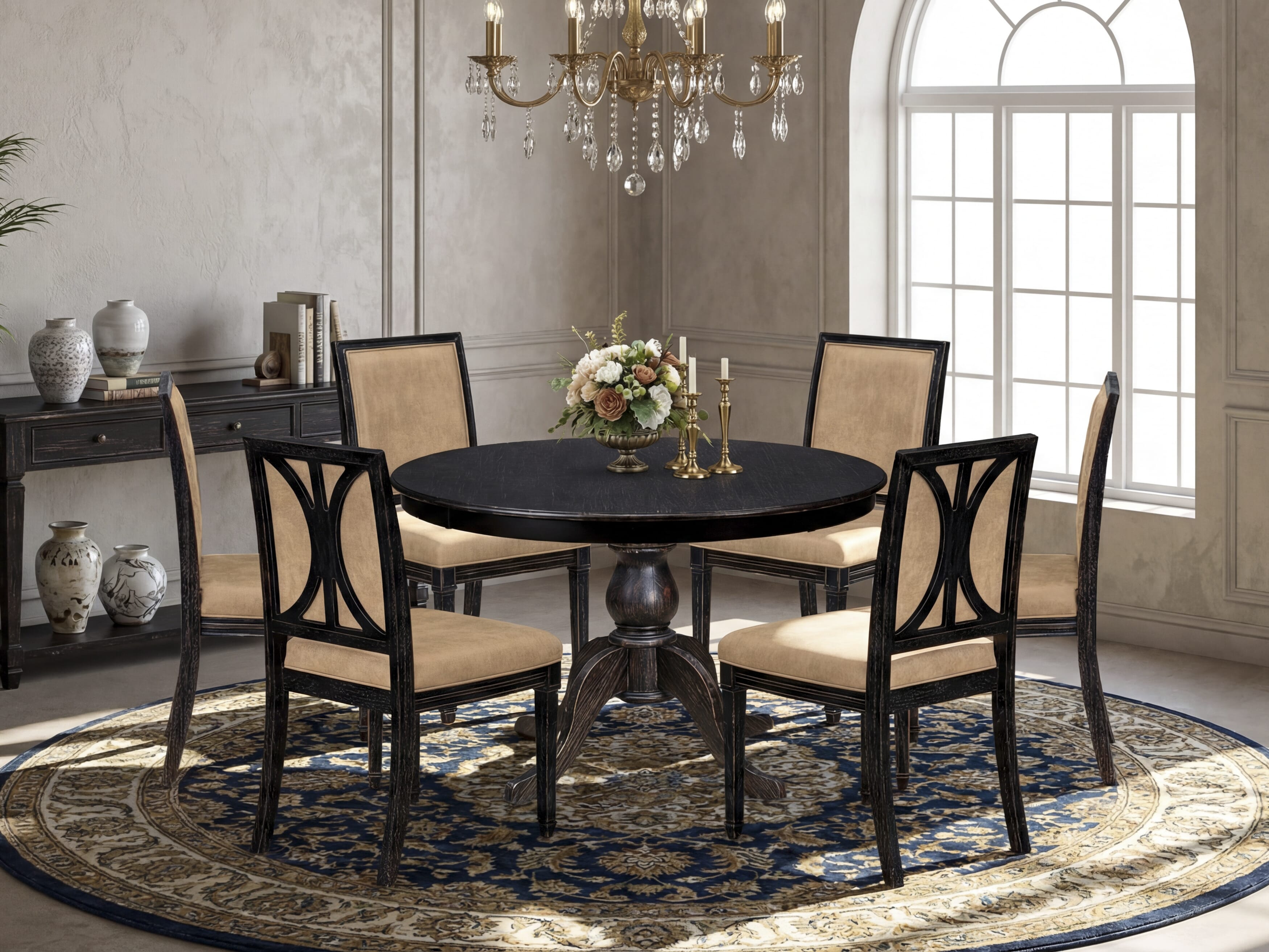 Luxe by East West Furniture - F6AM7-411-28 - 7-piece Dining Room Set consists of a Dining Table and 6 Beige Polyester Fabric Mid Century Modern Chair with High Back - Sand Blasting Black Finish