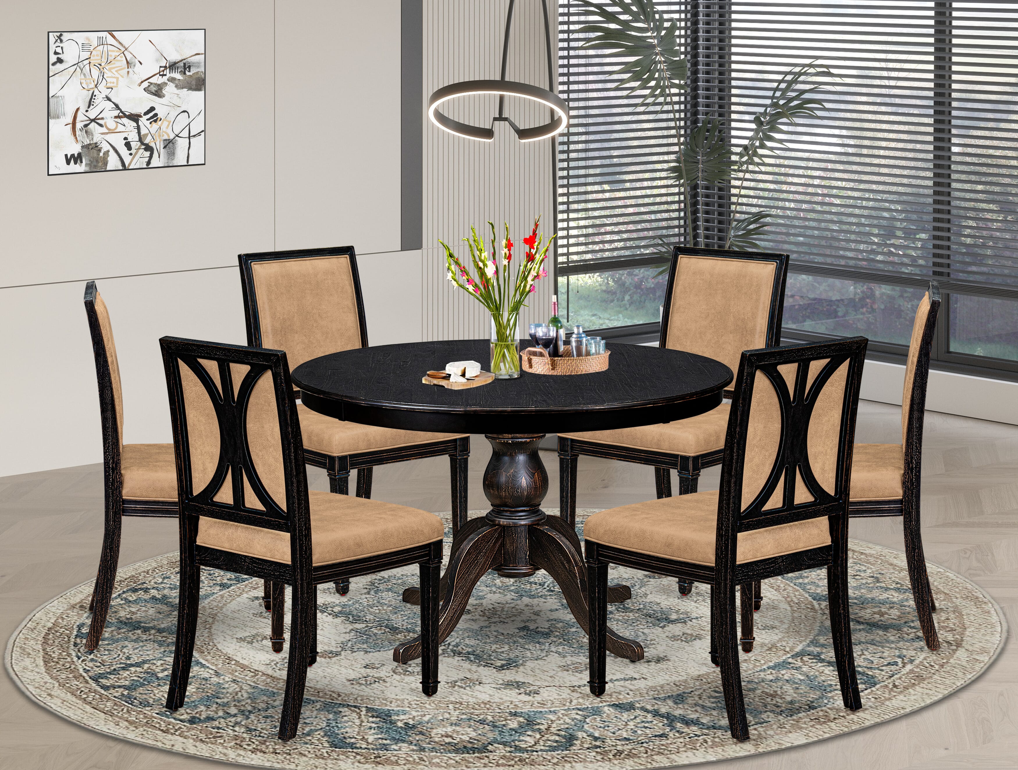 Luxe by East West Furniture - F6AM7-411-28 - 7-piece Dining Room Set consists of a Dining Table and 6 Beige Polyester Fabric Mid Century Modern Chair with High Back - Sand Blasting Black Finish