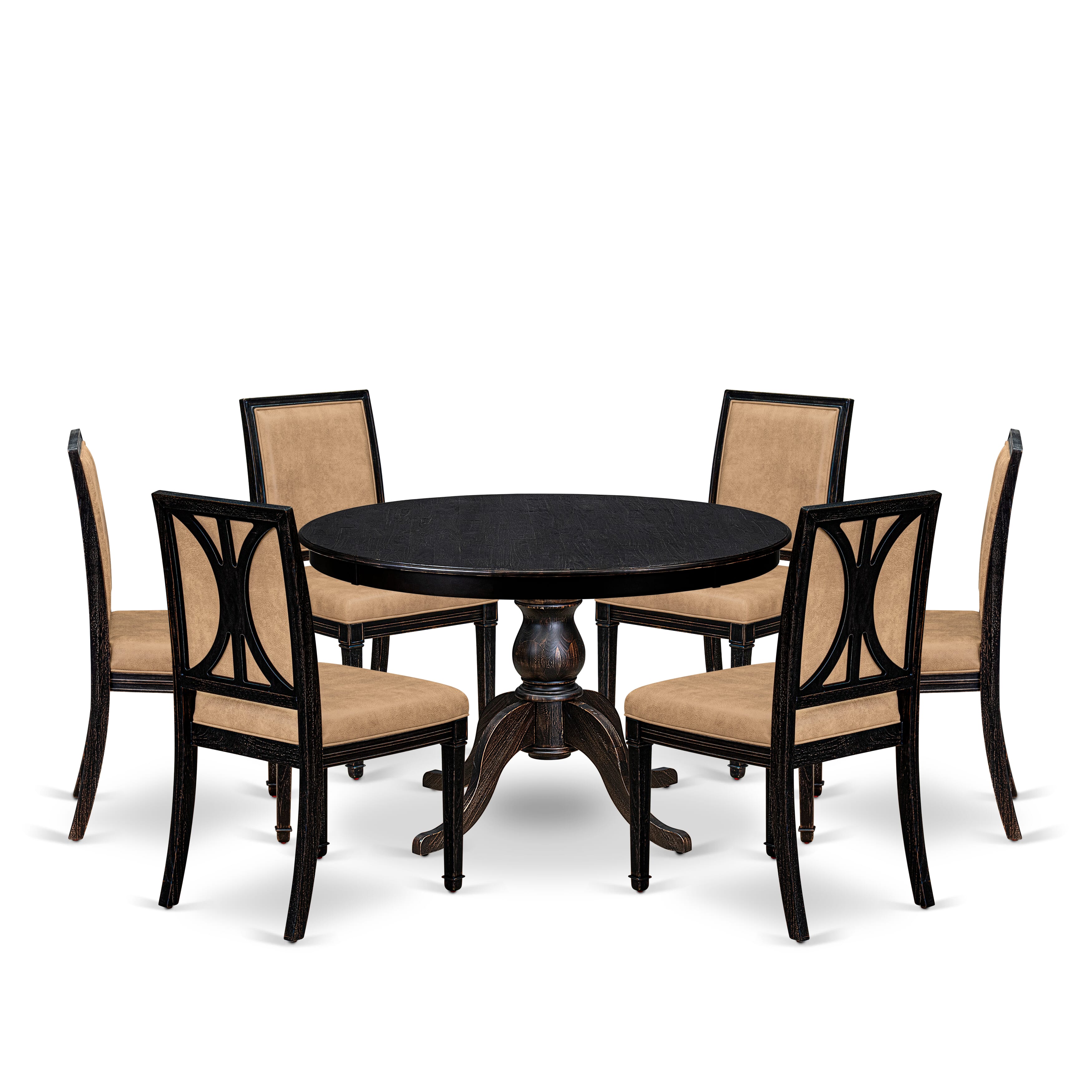 Luxe by East West Furniture - F6AM7-411-28 - 7-piece Dining Room Set consists of a Dining Table and 6 Beige Polyester Fabric Mid Century Modern Chair with High Back - Sand Blasting Black Finish