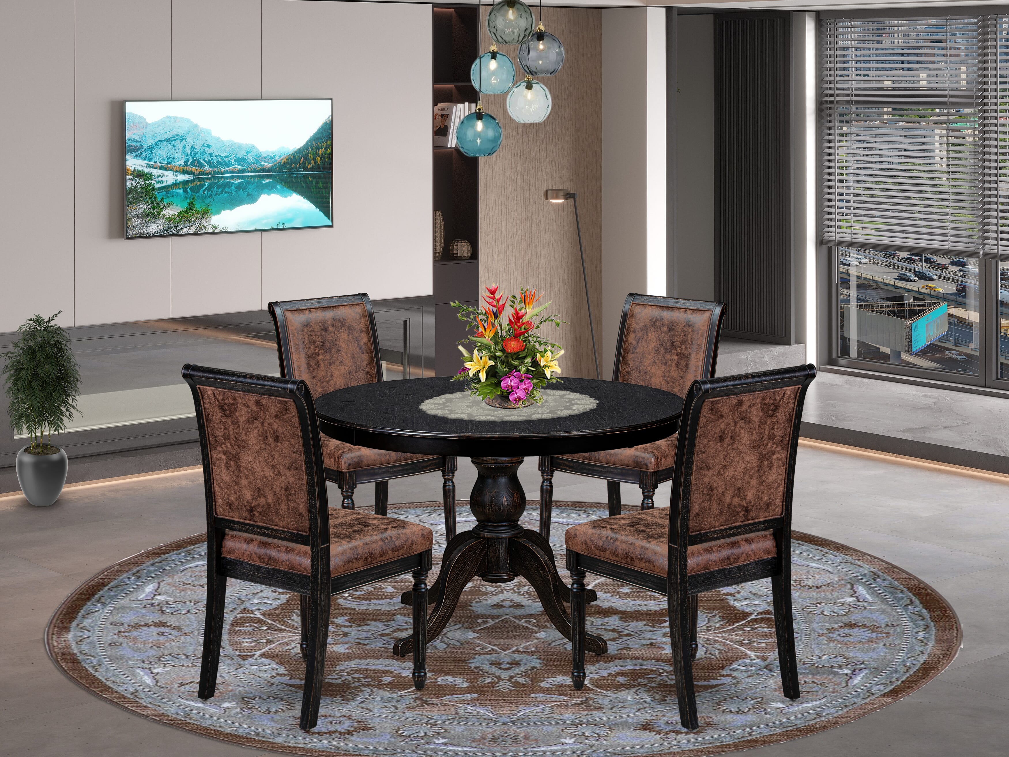 Luxe by East West Furniture - F6CY5-411-33 - 5-piece Kitchen Table Set consists of a Dining Table and 4 Brown Polyester Fabric Kitchen Chairs with High Back - Sand Blasting Black Finish