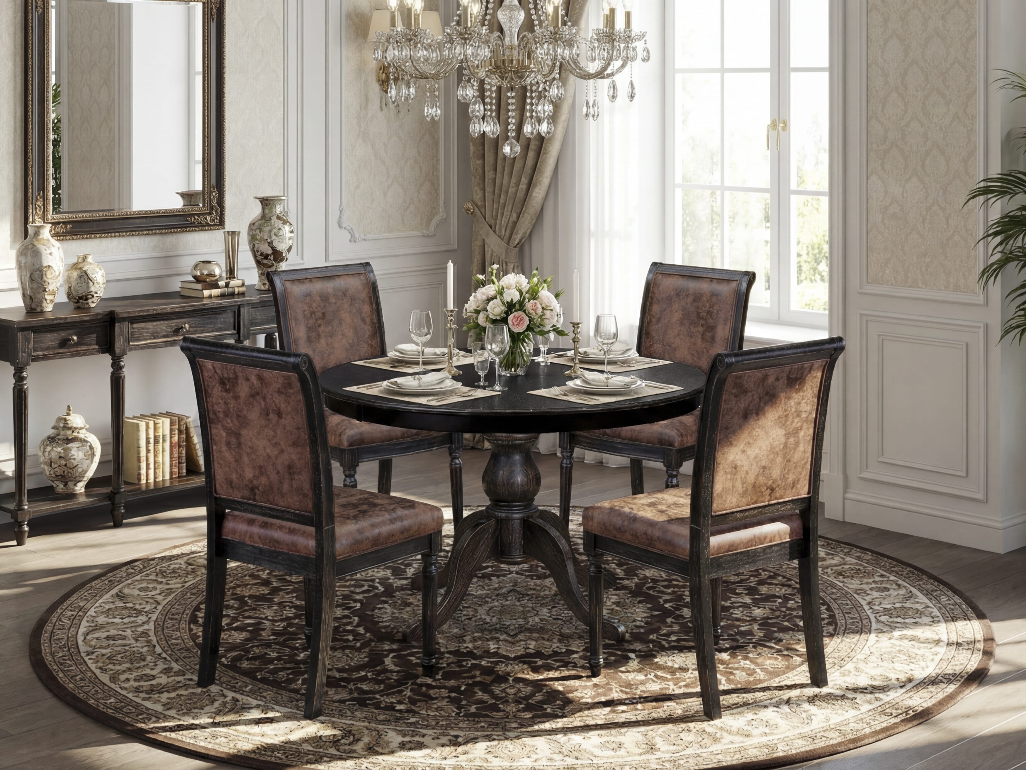 Luxe by East West Furniture - F6CY5-411-33 - 5-piece Kitchen Table Set consists of a Dining Table and 4 Brown Polyester Fabric Kitchen Chairs with High Back - Sand Blasting Black Finish