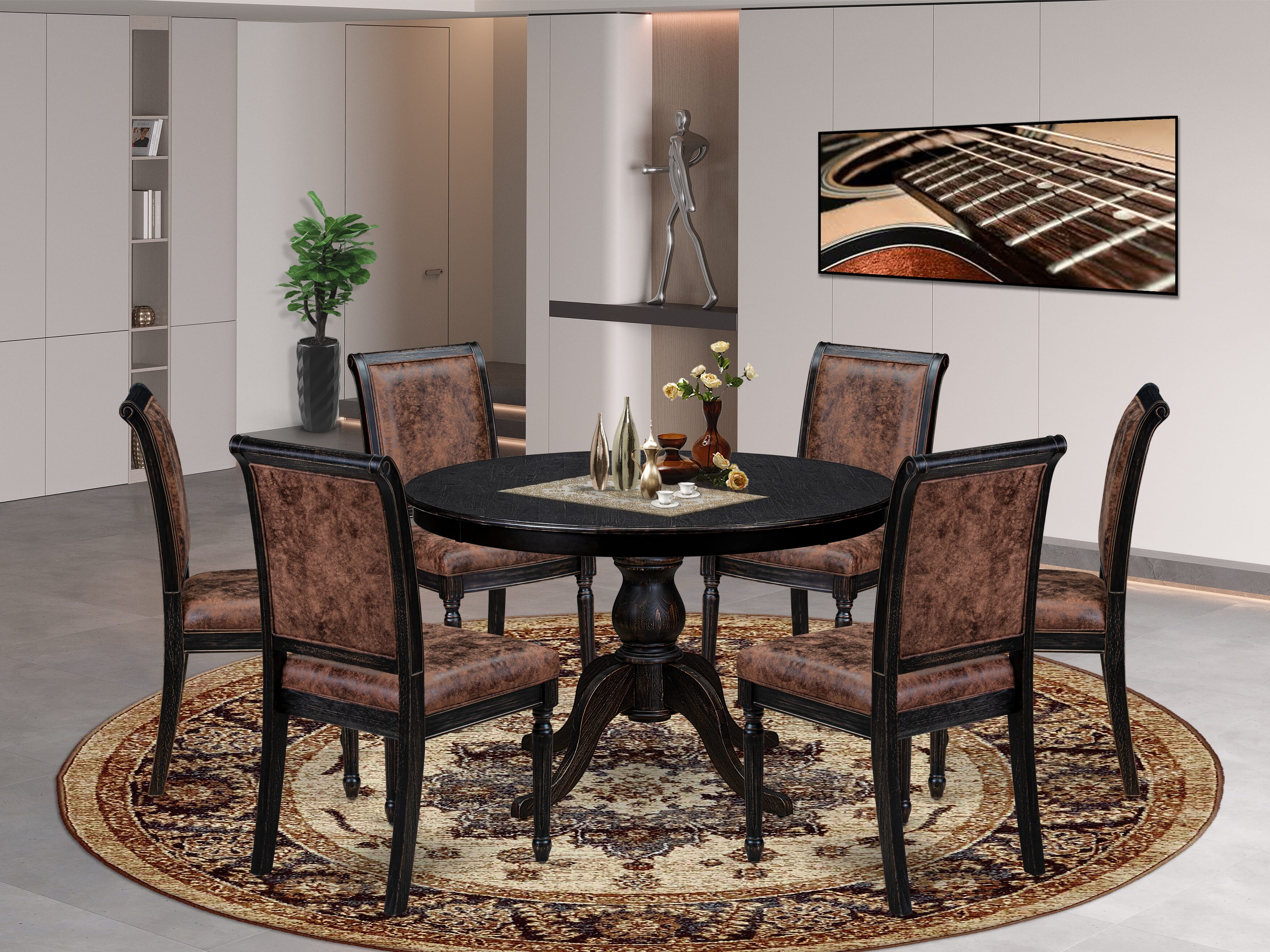 Luxe by East West Furniture - F6CY7-411-33 - 7-piece Kitchen Table Set consists of a Dining Table and 6 Brown Polyester Fabric Kitchen Chairs with High Back - Sand Blasting Black Finish