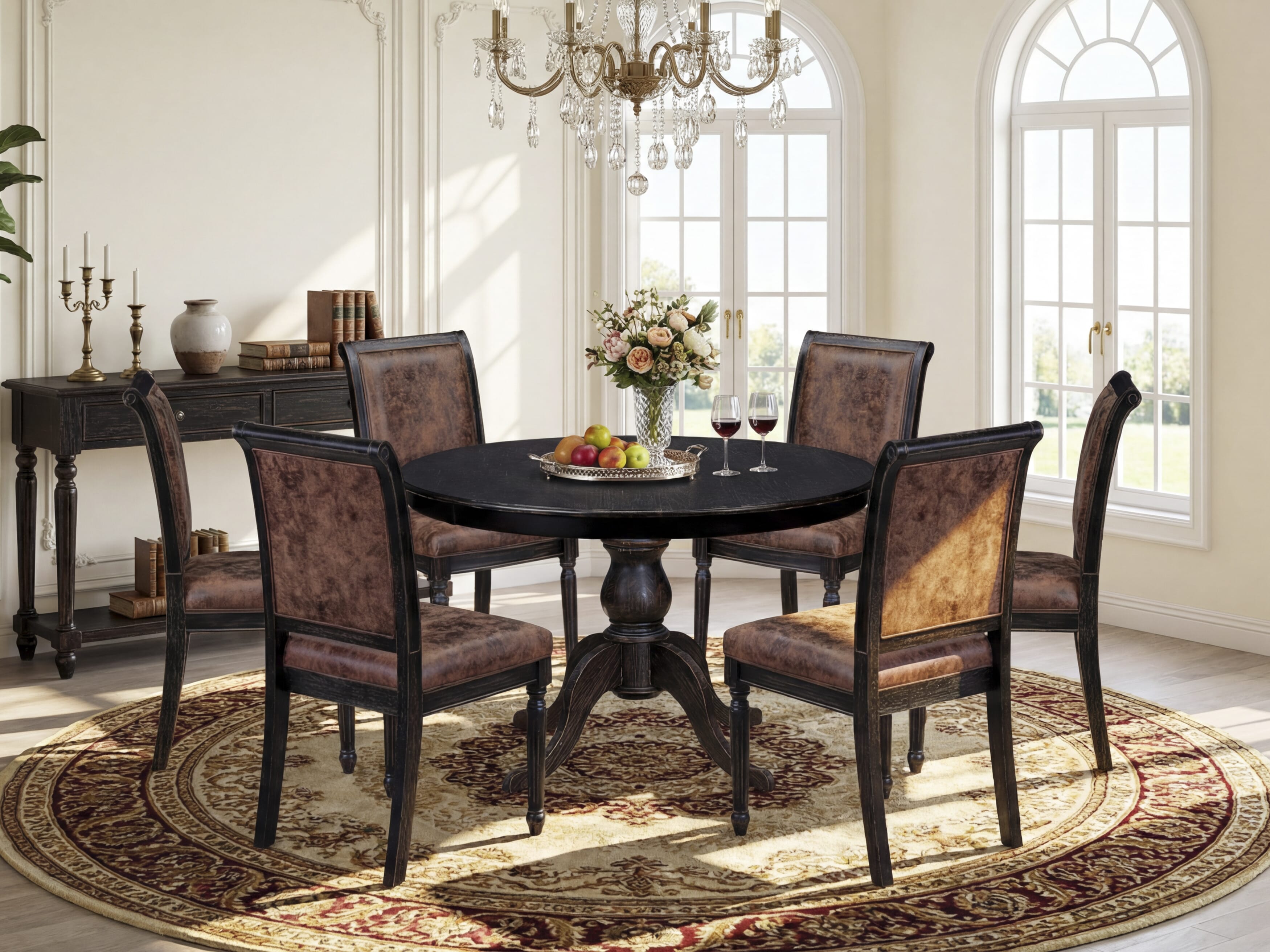 Luxe by East West Furniture - F6CY7-411-33 - 7-piece Kitchen Table Set consists of a Dining Table and 6 Brown Polyester Fabric Kitchen Chairs with High Back - Sand Blasting Black Finish