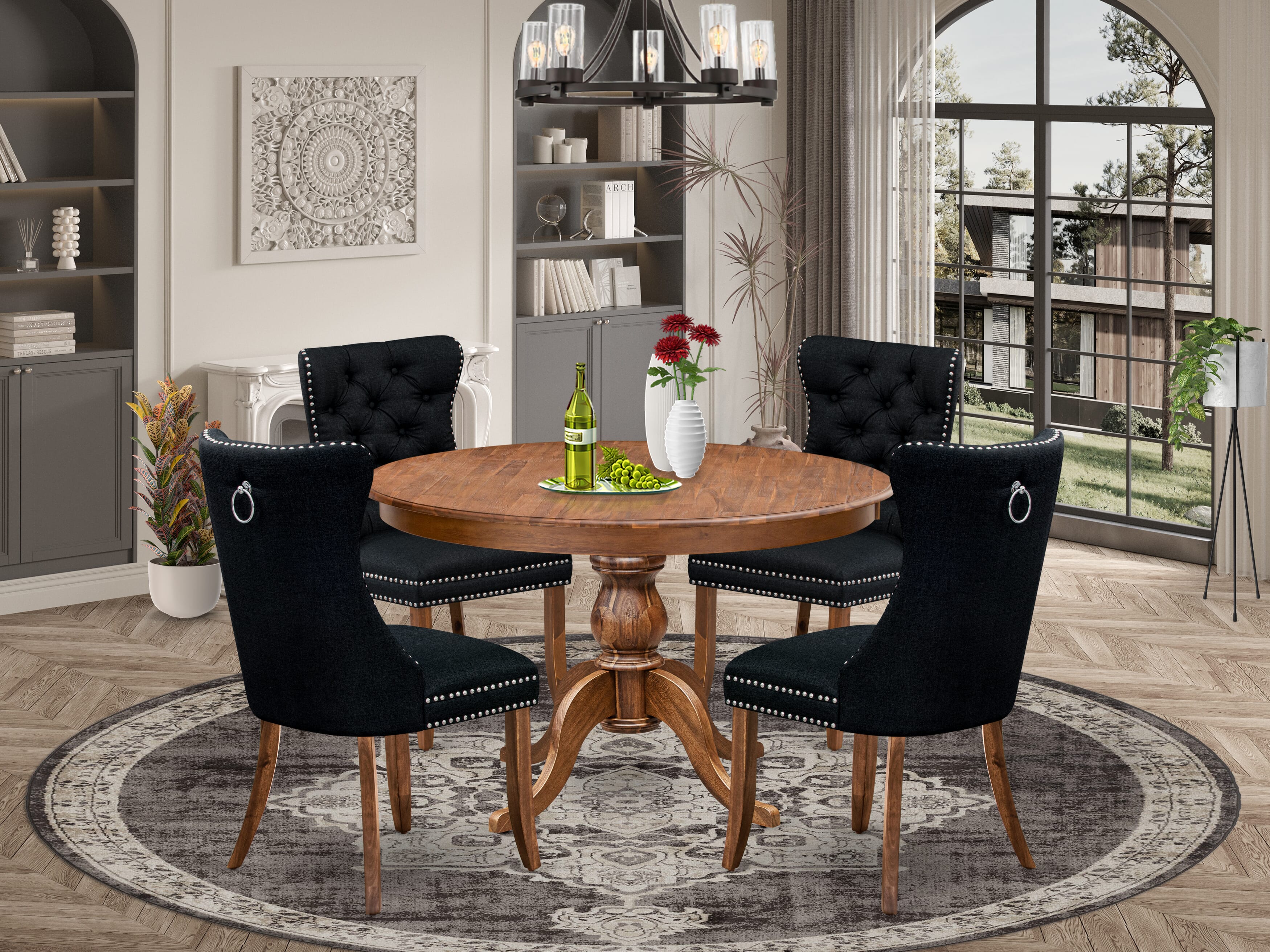 Luxe by East West Furniture F6DA5-40N-24 5-Piece Modern Dining Set with Linen Fabric 4 Black Parson Dining chairs, Button-Tufted Backs, and a 48"Round Table in Antique Walnut Finish.