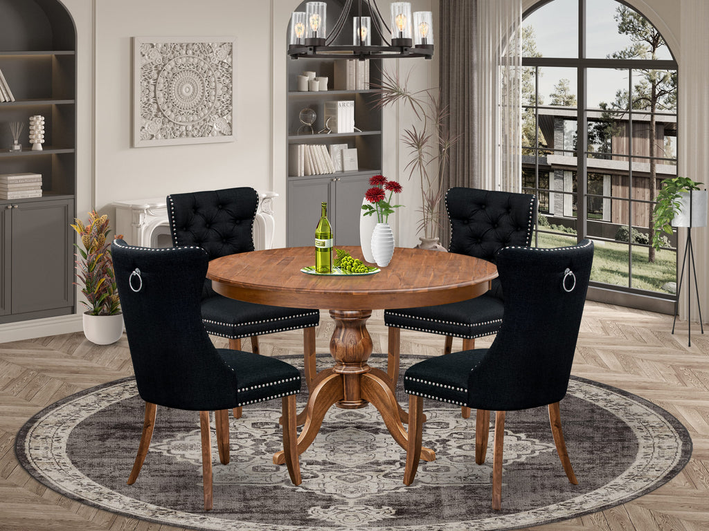 Luxe by East West Furniture F6DA5-40N-24 5-Piece Modern Dining Set with Linen Fabric 4 Black Parson Dining chairs, Button-Tufted Backs, and a 48"Round Table in Antique Walnut Finish.
