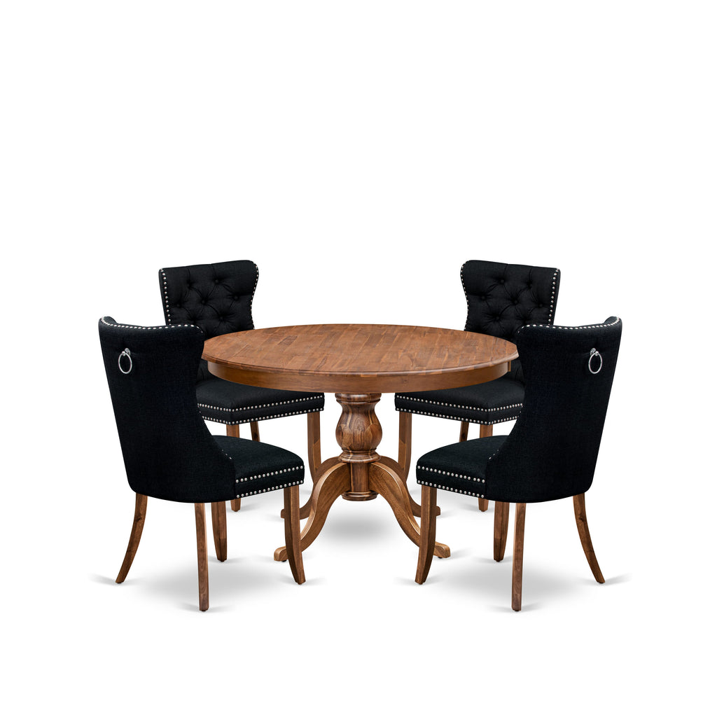 Luxe by East West Furniture F6DA5-40N-24 5-Piece Modern Dining Set with Linen Fabric 4 Black Parson Dining chairs, Button-Tufted Backs, and a 48"Round Table in Antique Walnut Finish.