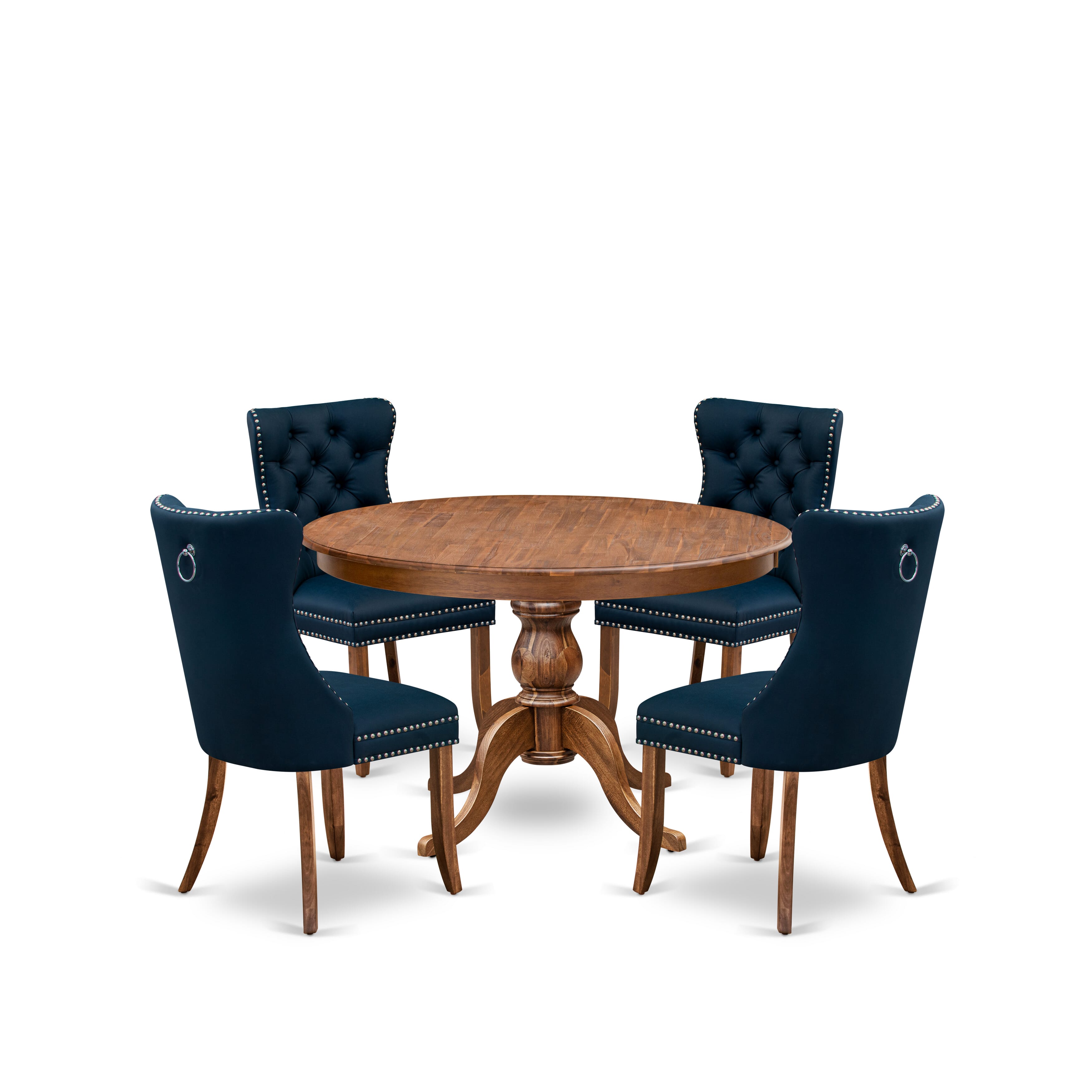 Luxe by East West Furniture F6DA5-40N-29 5-Piece Dining Set, including 4 navy blue faux leather kitchen chairs with button-tufted backs and a 48" round Dinner table in an antique walnut finish.