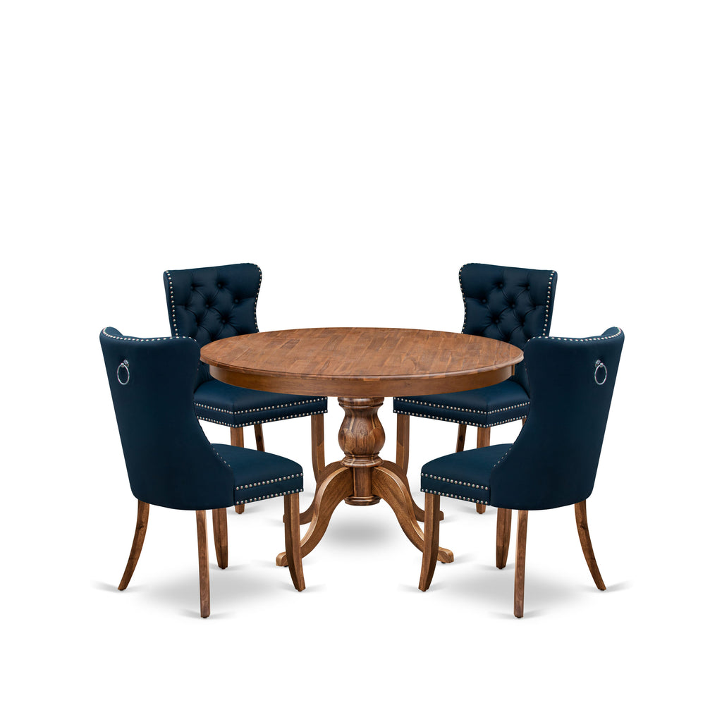 Luxe by East West Furniture F6DA5-40N-29 5-Piece Dining Set, including 4 navy blue faux leather kitchen chairs with button-tufted backs and a 48" round Dinner table in an antique walnut finish.