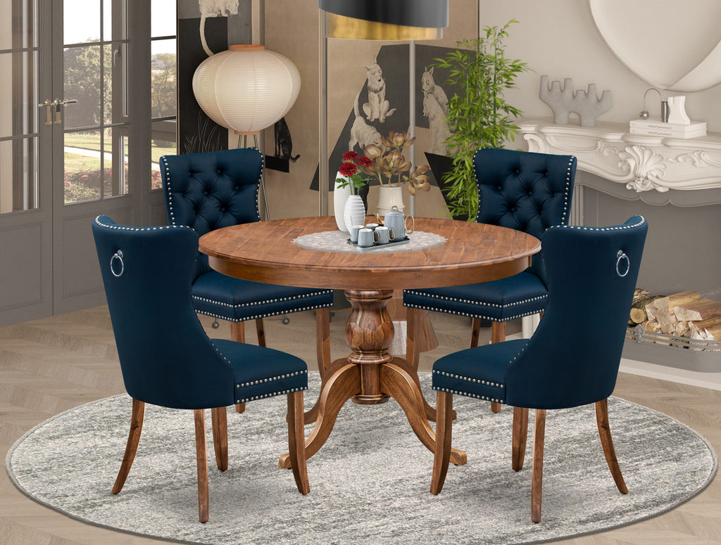 Luxe by East West Furniture F6DA5-40N-29 5-Piece Dining Set, including 4 navy blue faux leather kitchen chairs with button-tufted backs and a 48" round Dinner table in an antique walnut finish.