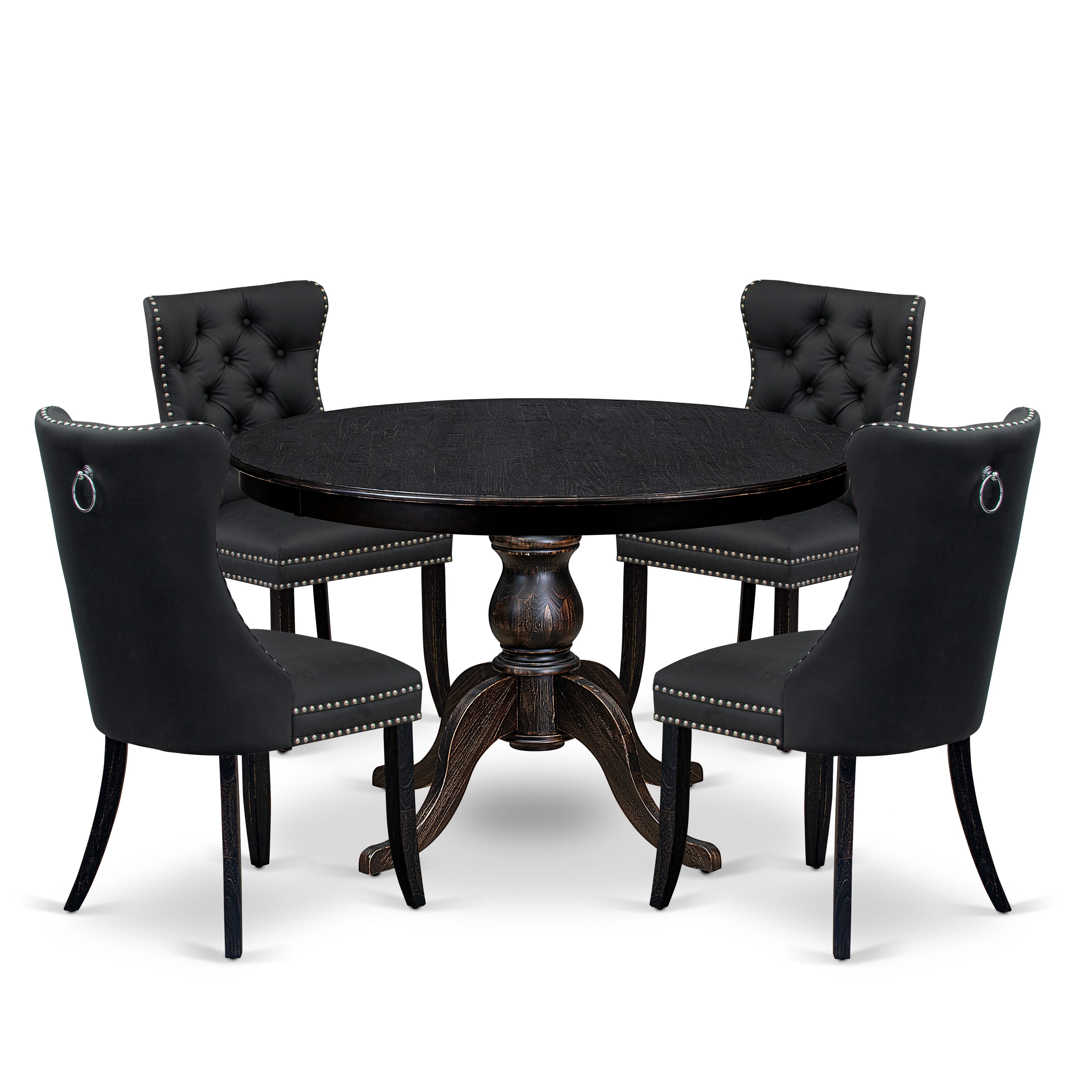 Luxe by East West Furniture F6DA5-411-12 5-Piece Dining Room Set with Faux Leather 4 Dark Gray kitchen chairs, Button-Tufted Backs, and a 48"Round Kitchen Table in Sand Blasted Black Finish.