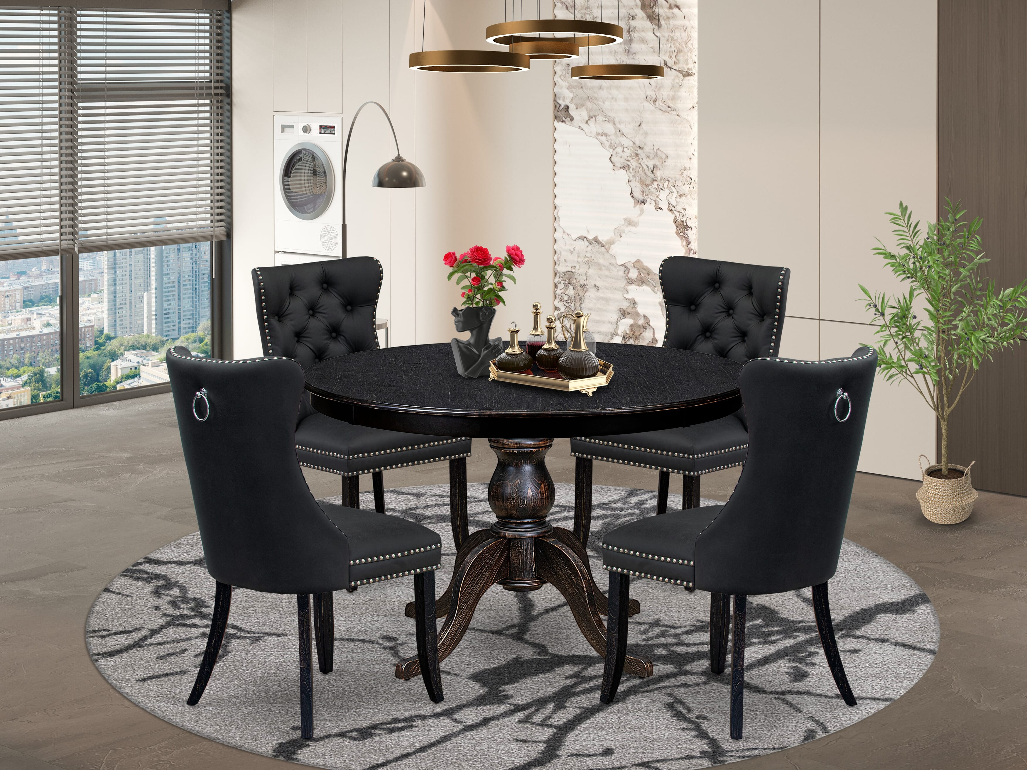Luxe by East West Furniture F6DA5-411-12 5-Piece Dining Room Set with Faux Leather 4 Dark Gray kitchen chairs, Button-Tufted Backs, and a 48"Round Kitchen Table in Sand Blasted Black Finish.